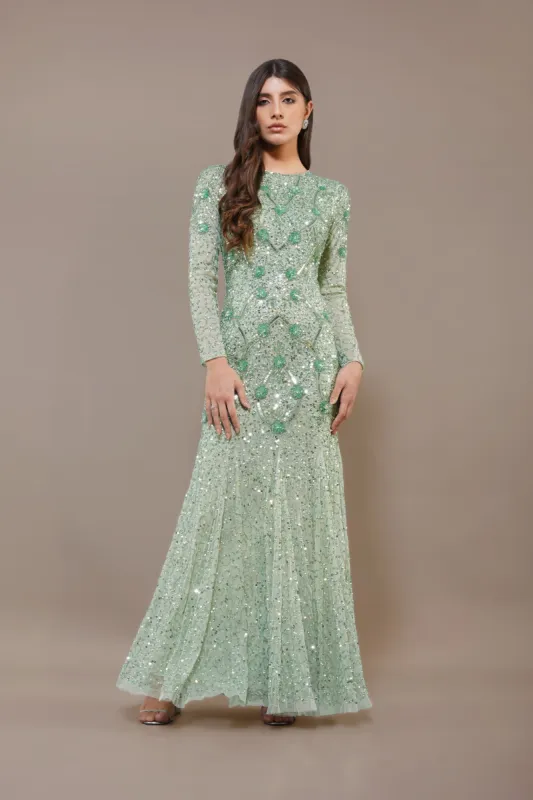Zinnia Embellished Maxi Dress in Sage Green sold by Lace & Beads