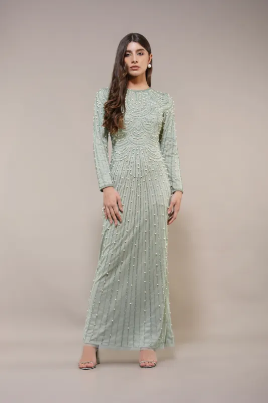 Mabel Embellished Maxi Dress in Pistachio sold by Lace & Beads