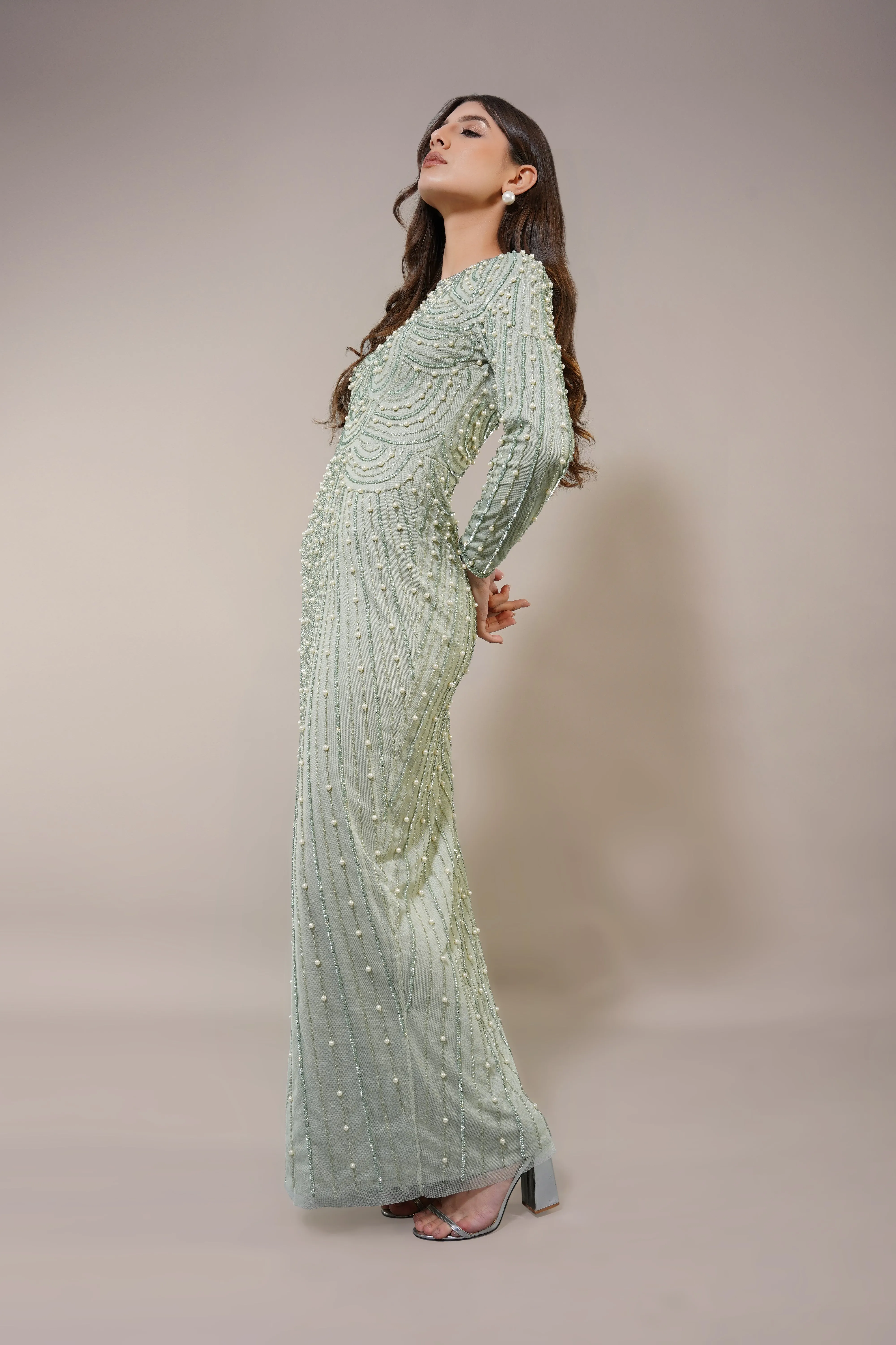 Mabel Embellished Maxi Dress in Pistachio sold by Lace & Beads product image thumbnail 4