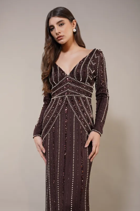Cordelia Embellished Maxi Dress in Coffee Brown sold by Lace & Beads
