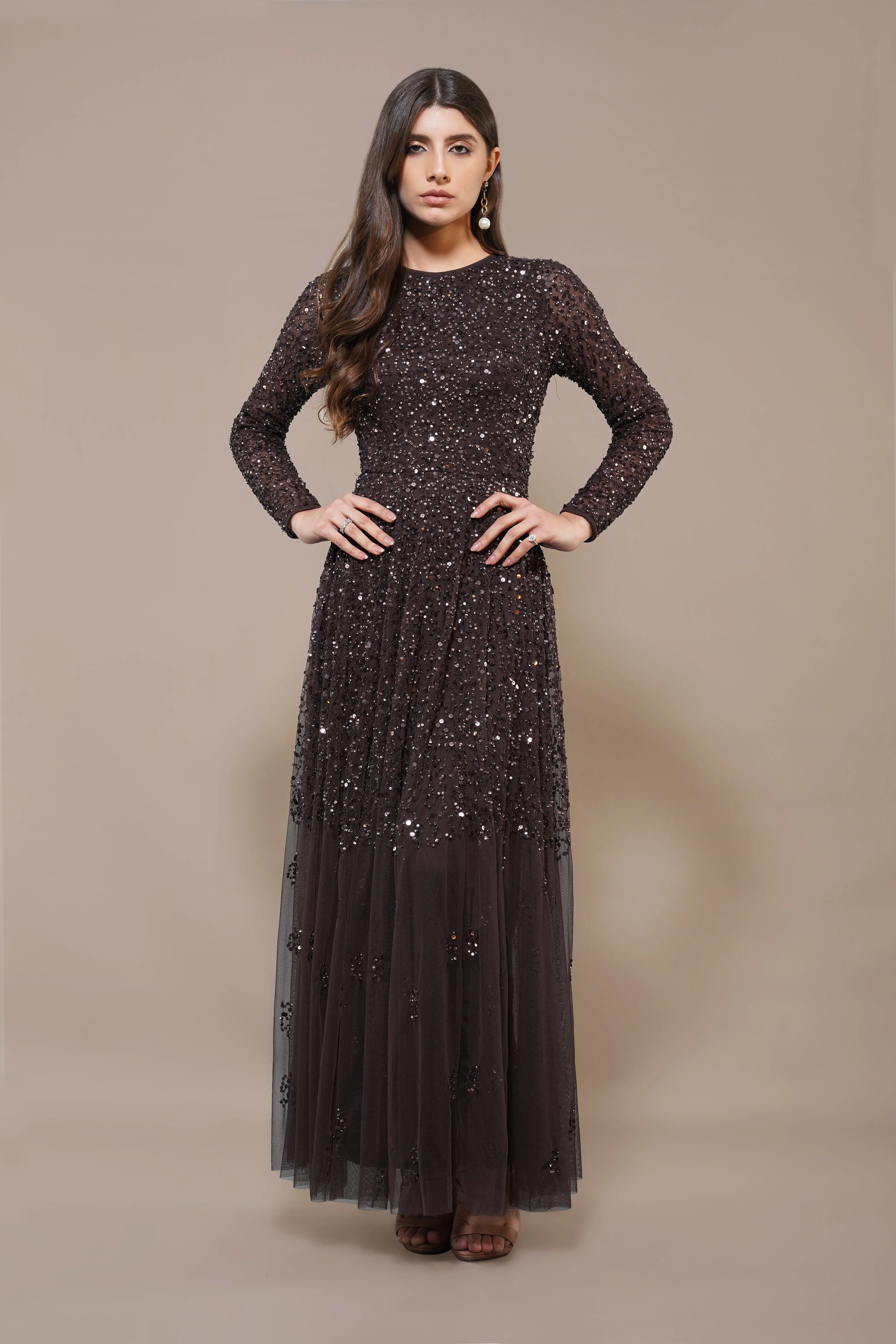 Sila Long Sleeve Embellished Maxi Dress in Coffee Brown sold by Lace & Beads