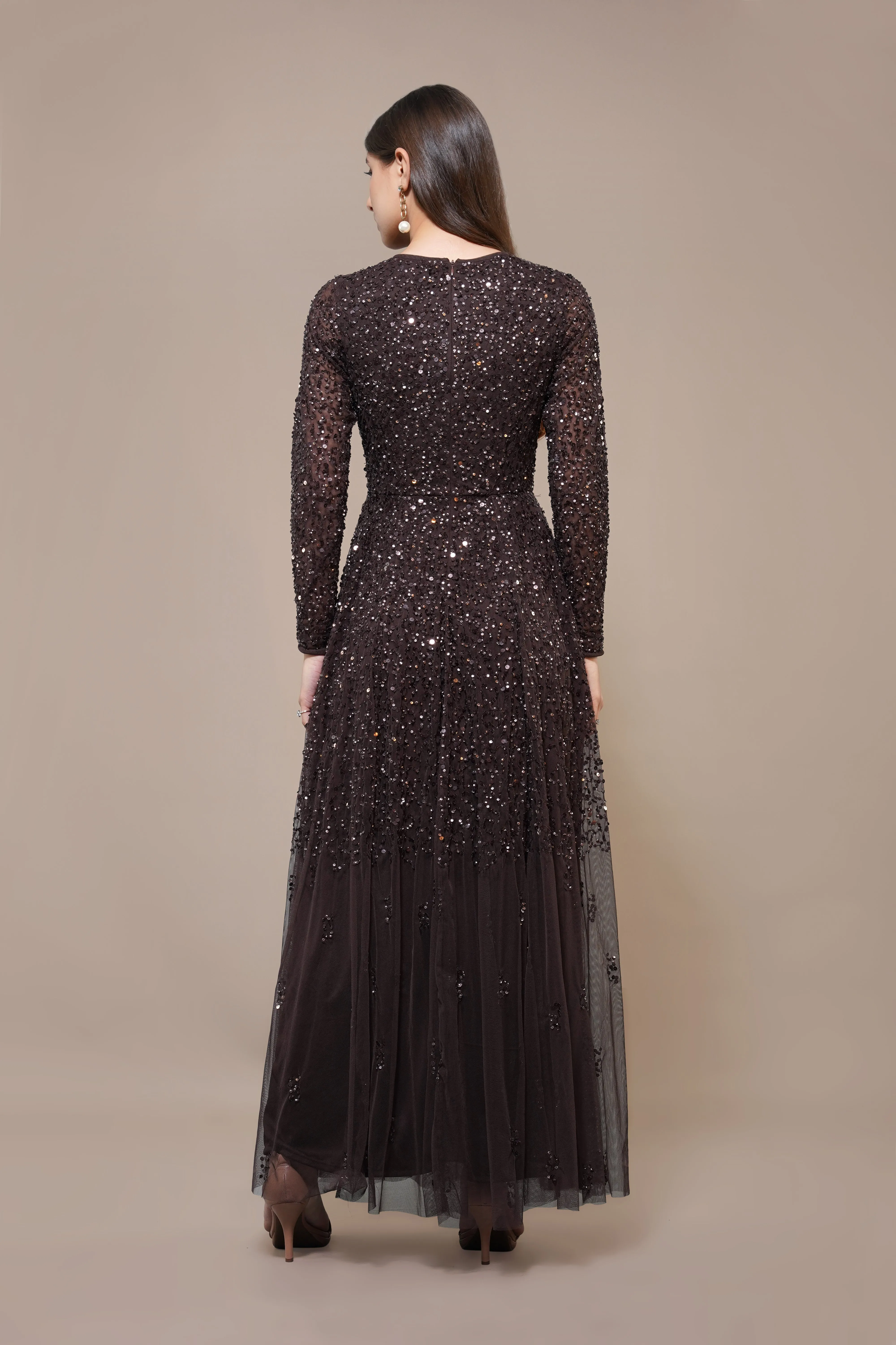 Sila Long Sleeve Embellished Maxi Dress in Coffee Brown sold by Lace & Beads product image thumbnail 5
