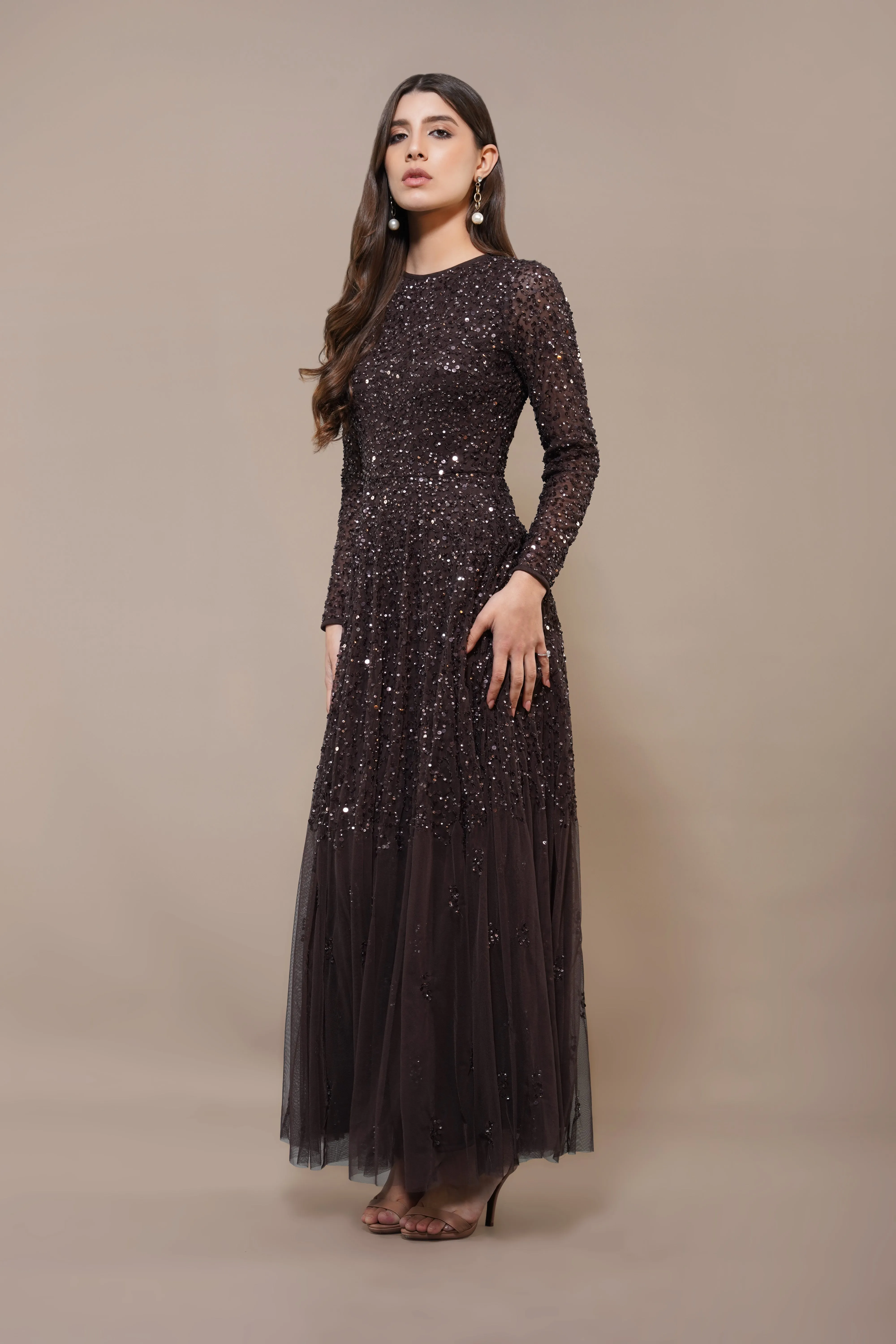 Sila Long Sleeve Embellished Maxi Dress in Coffee Brown sold by Lace & Beads product image thumbnail 2