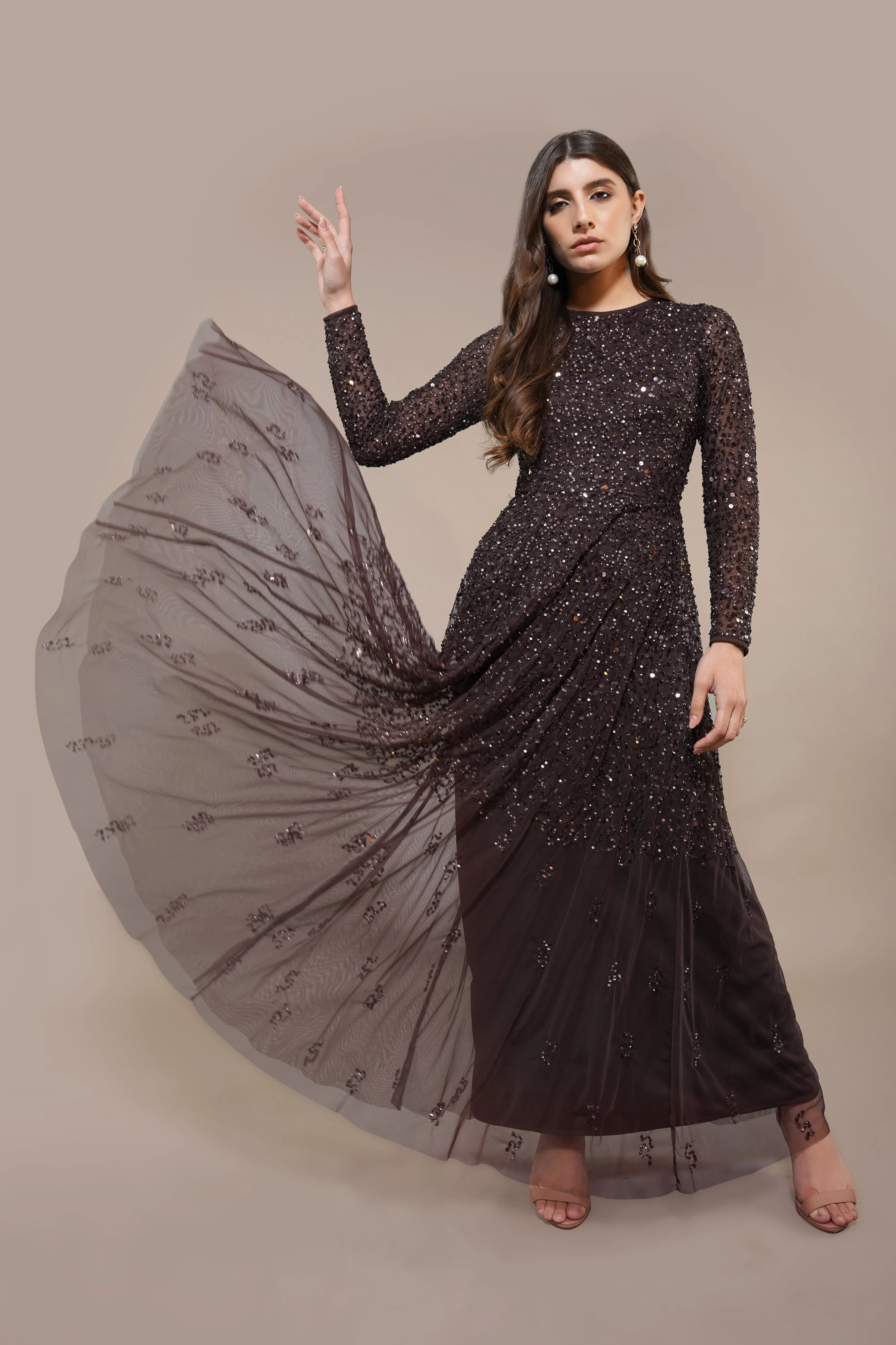 Sila Long Sleeve Embellished Maxi Dress in Coffee Brown sold by Lace & Beads product image thumbnail 3