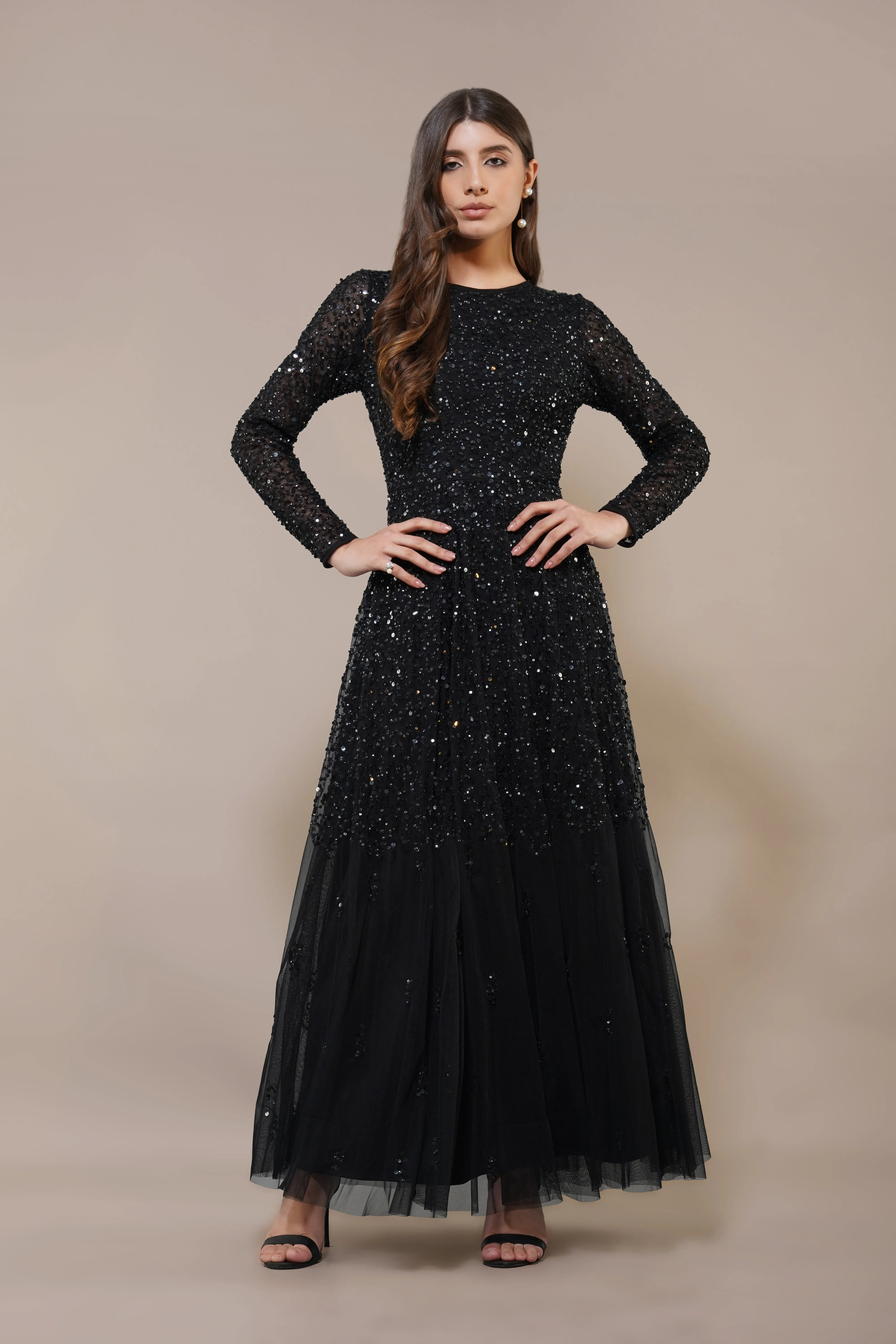Sila Long Sleeve Embellished Maxi Dress in Black sold by Lace & Beads