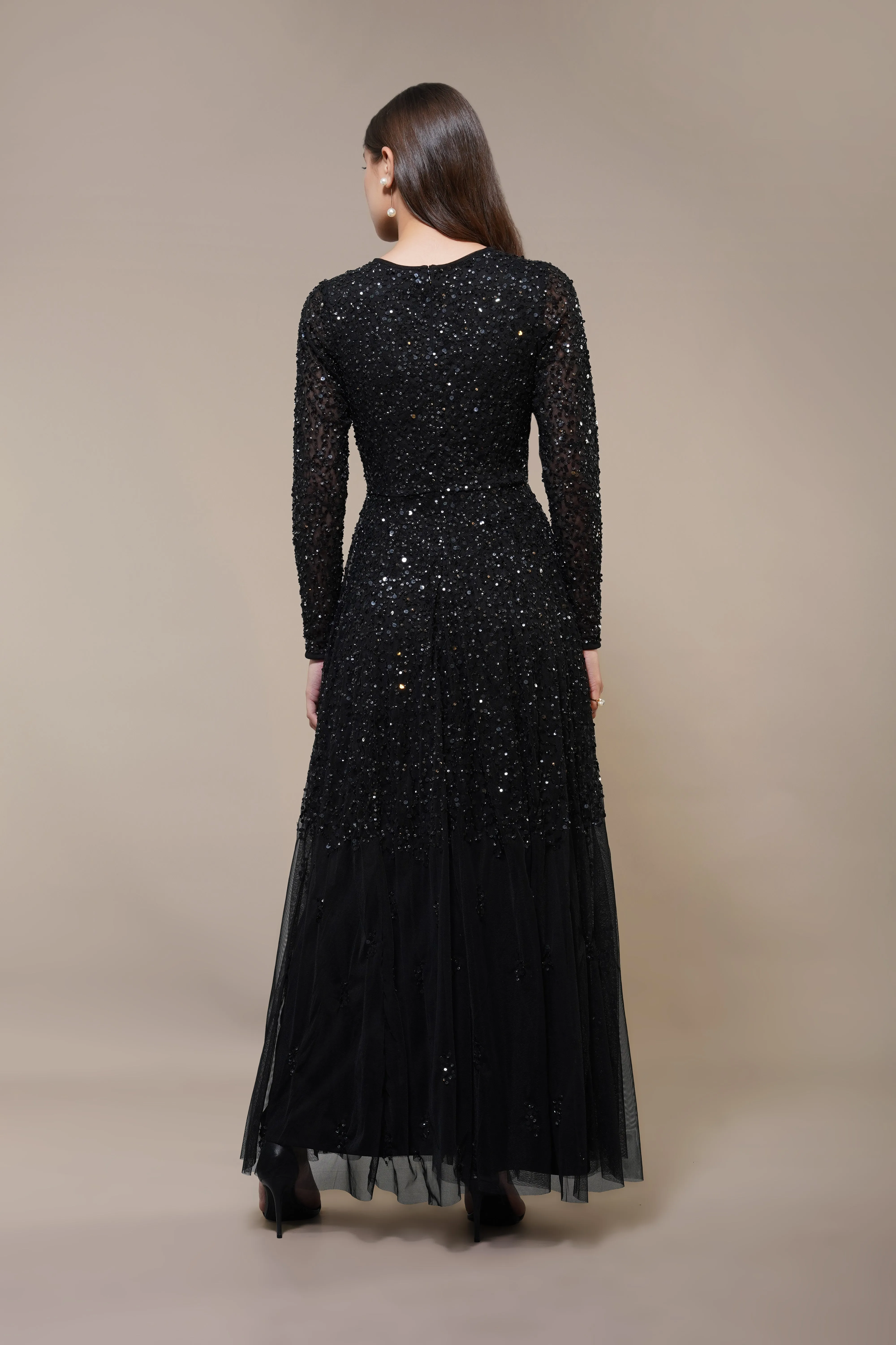 Sila Long Sleeve Embellished Maxi Dress in Black sold by Lace & Beads product image thumbnail 4