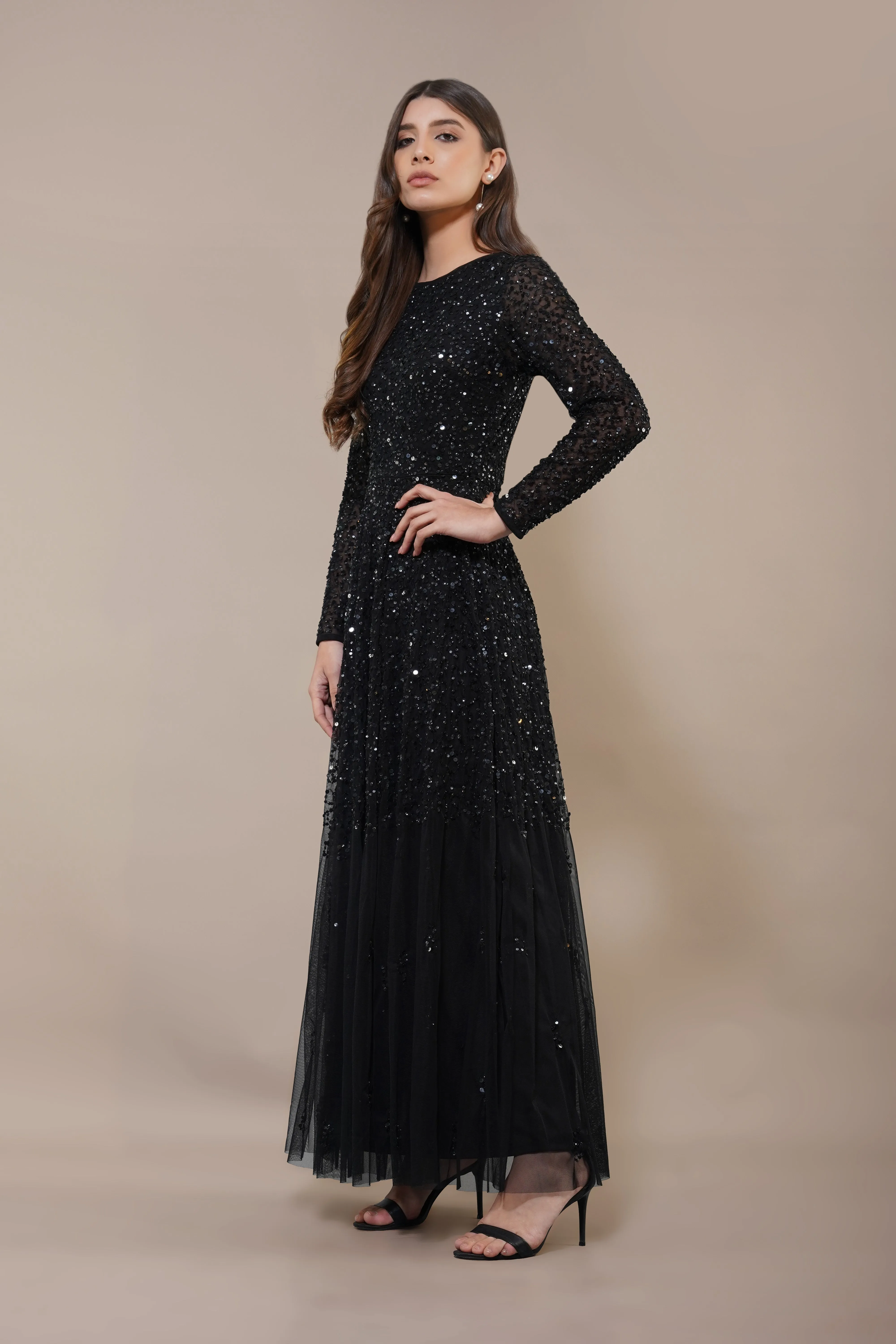 Sila Long Sleeve Embellished Maxi Dress in Black sold by Lace & Beads product image thumbnail 5