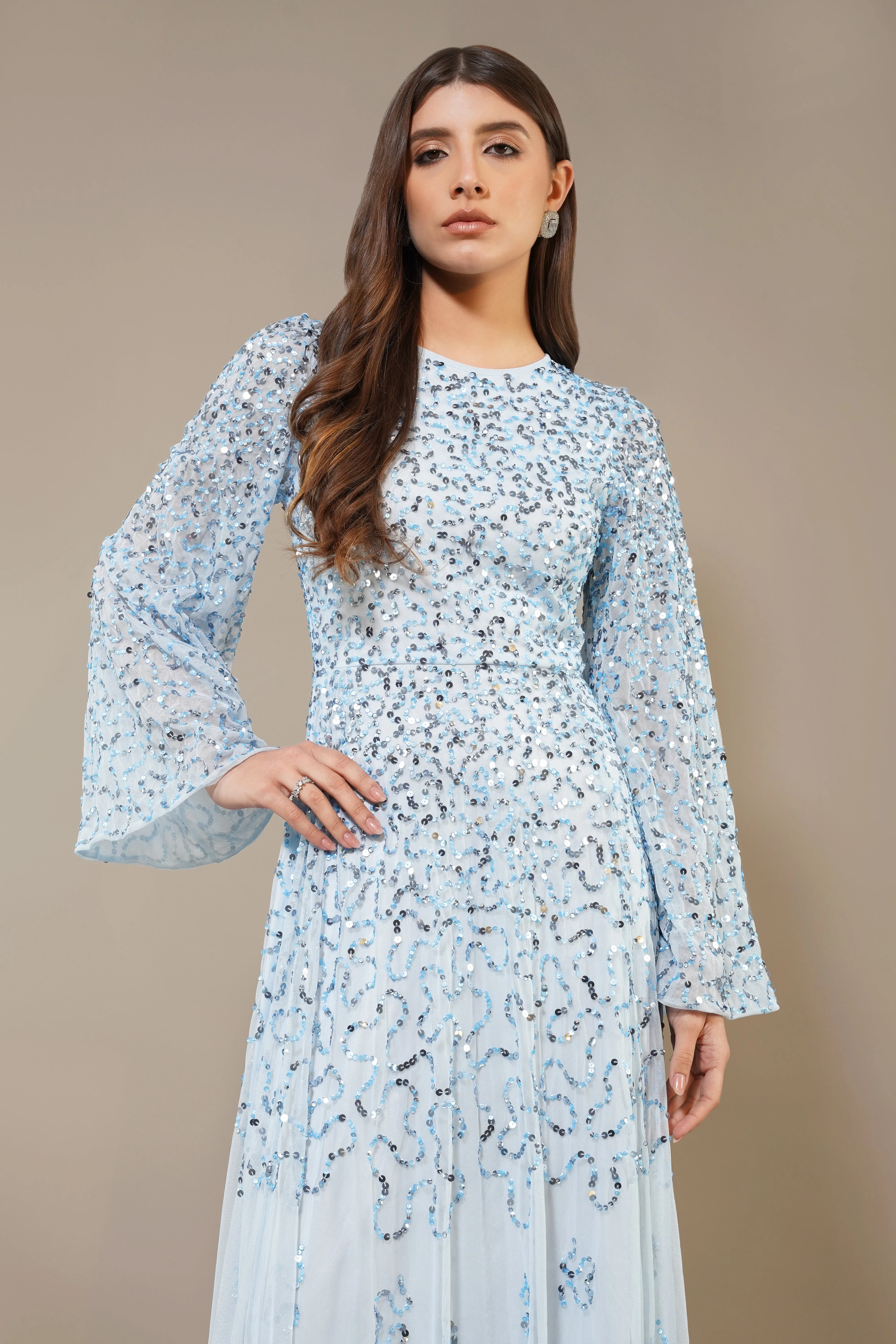 Sloane Long Sleeve Embellished Maxi Dress in Sky Blue sold by Lace & Beads product image thumbnail 2