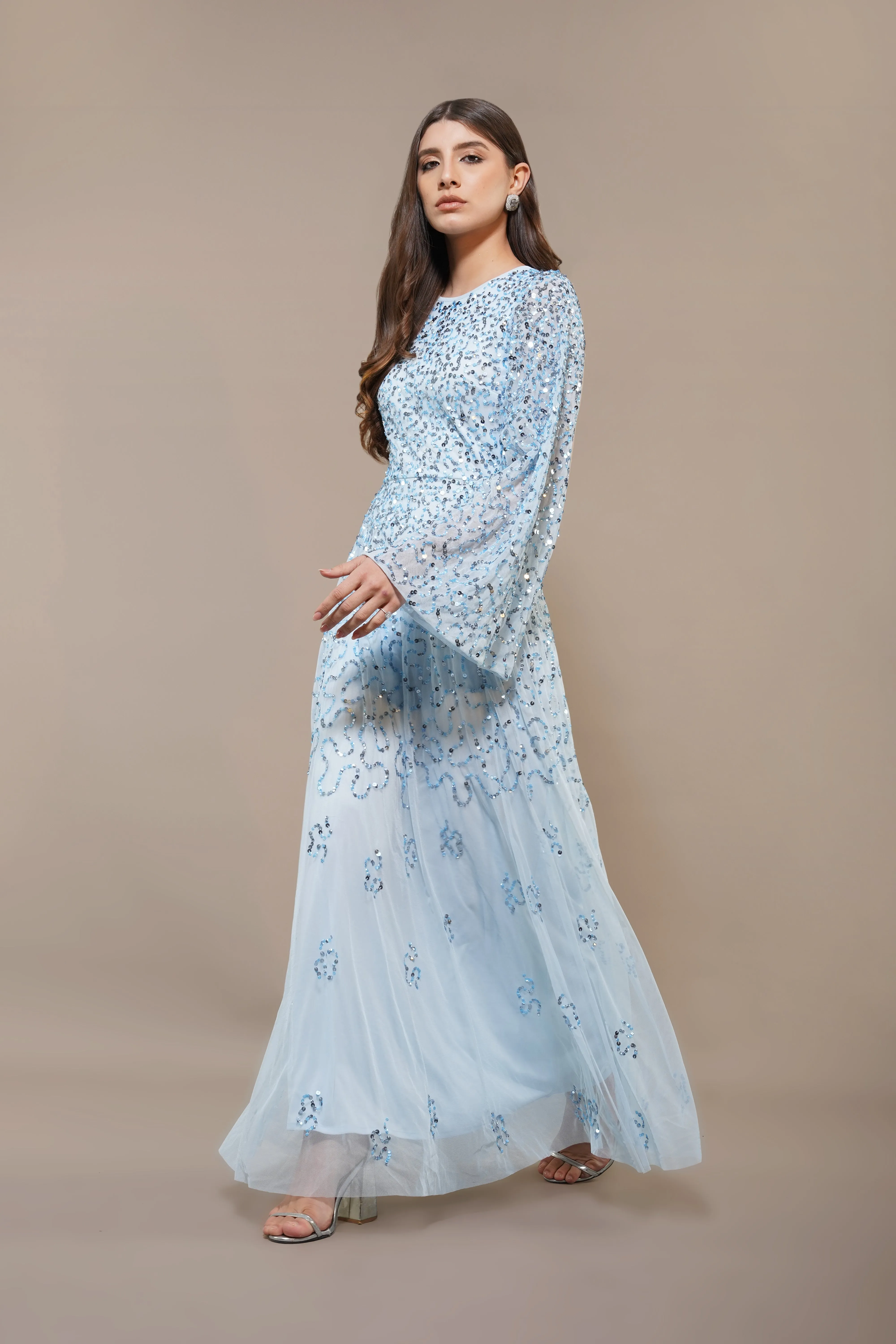 Sloane Long Sleeve Embellished Maxi Dress in Sky Blue sold by Lace & Beads product image thumbnail 5