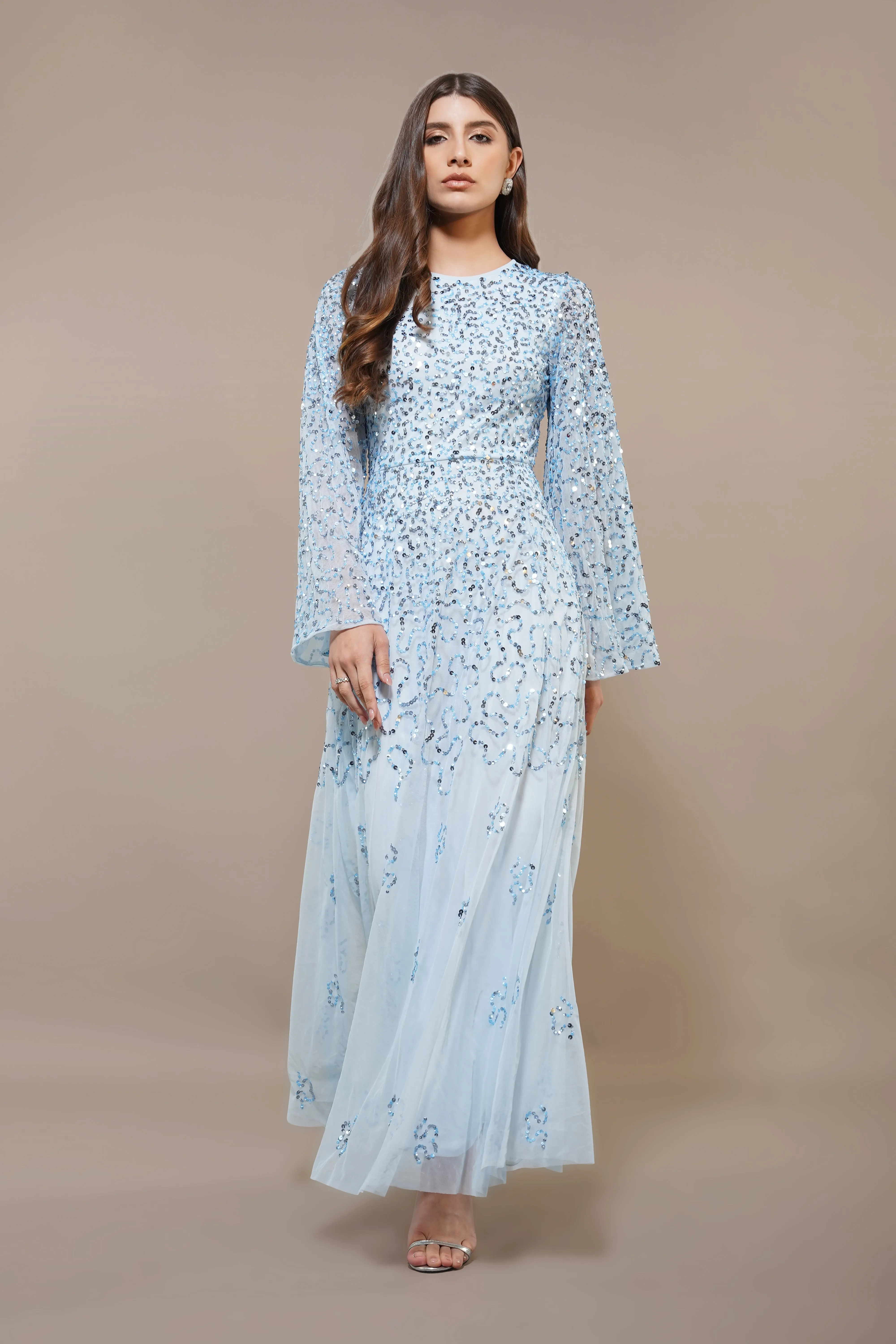 Sloane Long Sleeve Embellished Maxi Dress in Sky Blue sold by Lace & Beads