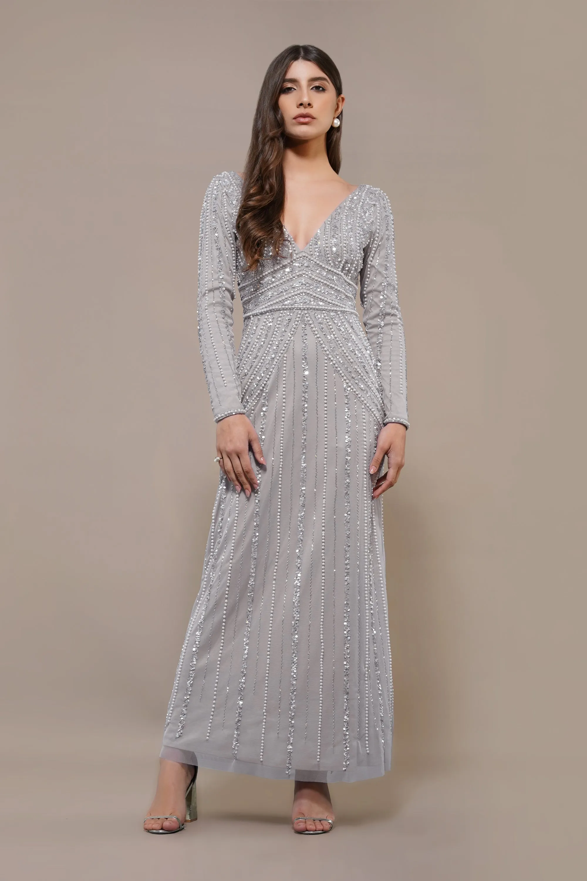 Cordelia Embellished Maxi Dress in Light Grey sold by Lace & Beads product image thumbnail 3