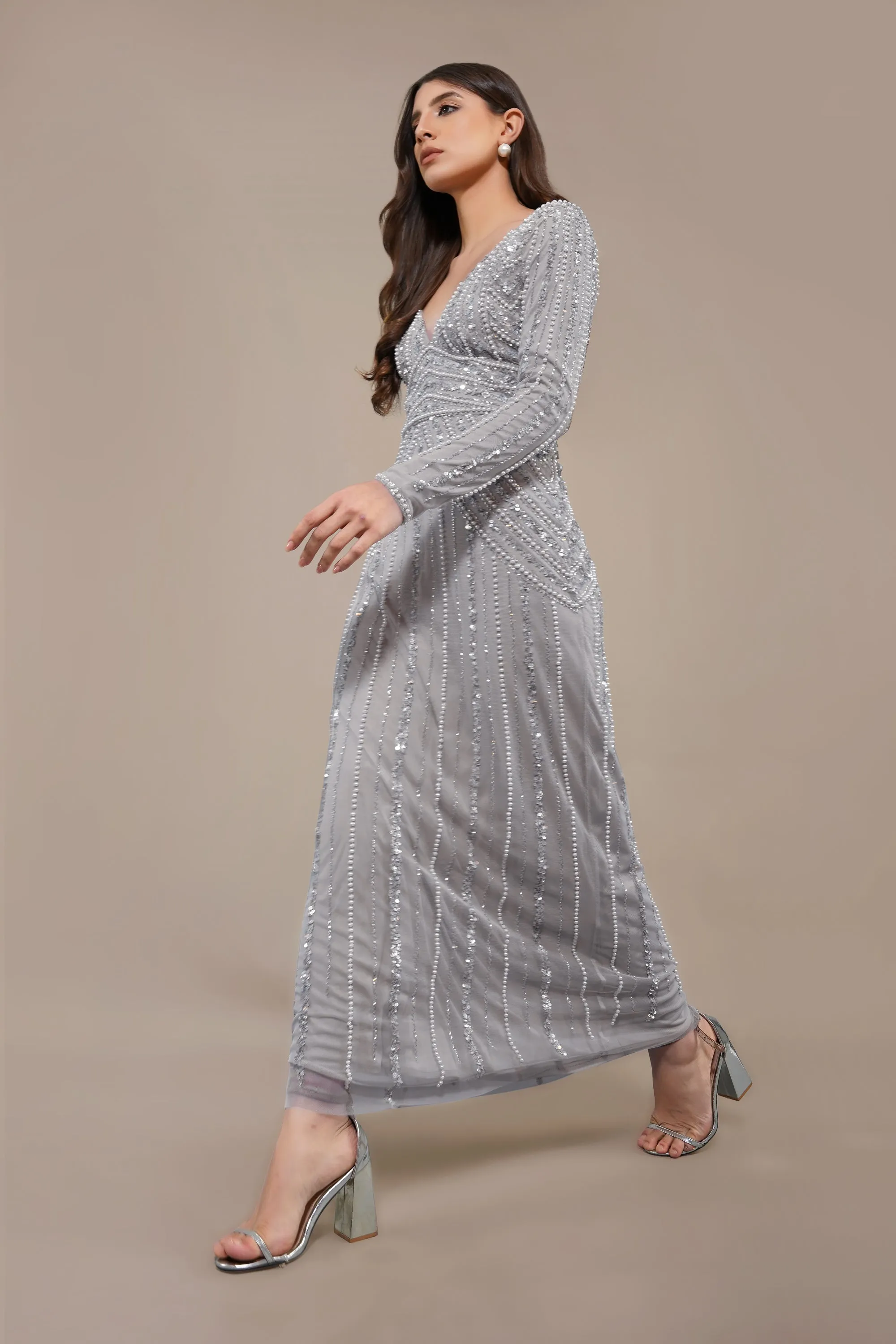 Cordelia Embellished Maxi Dress in Light Grey sold by Lace & Beads product image thumbnail 2