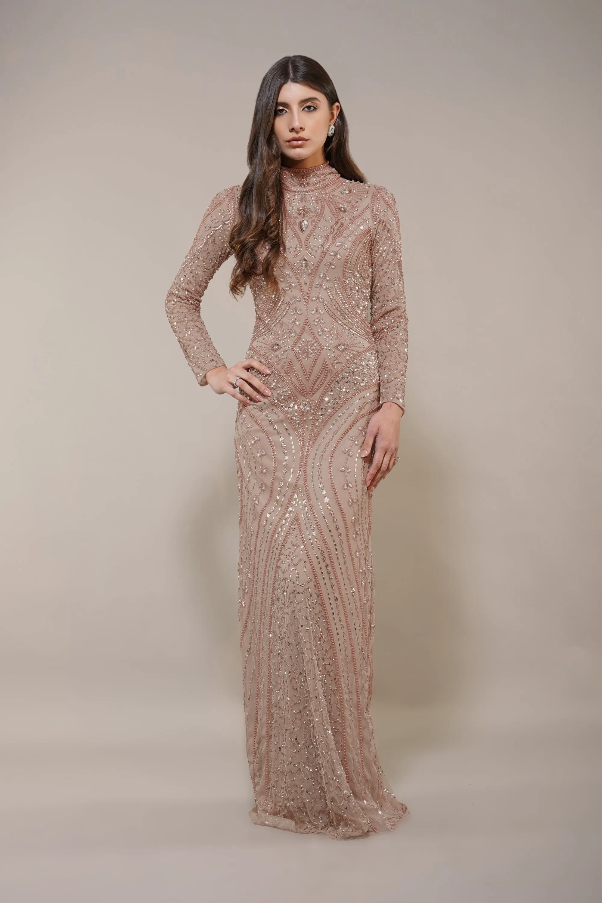 Lotus Embellished Maxi Dress in Taupe sold by Lace & Beads product image thumbnail 3