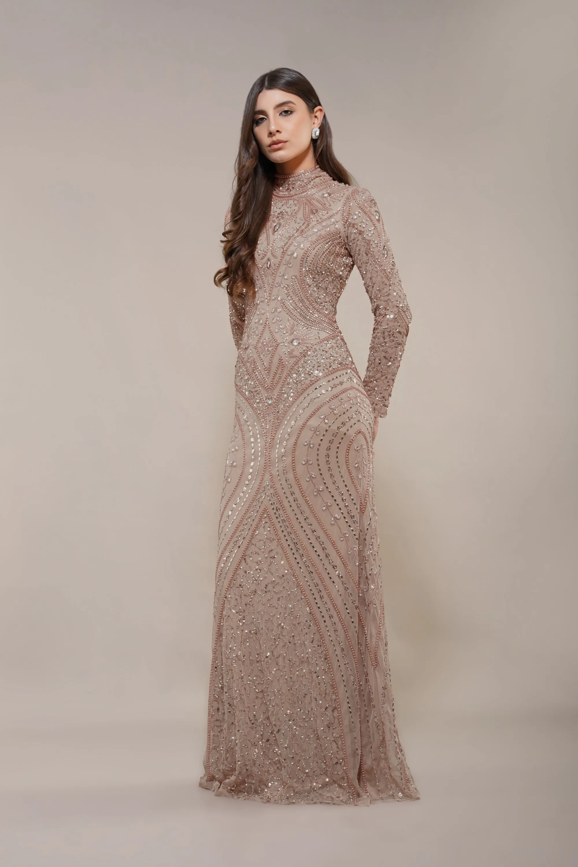 Lotus Embellished Maxi Dress in Taupe sold by Lace & Beads
