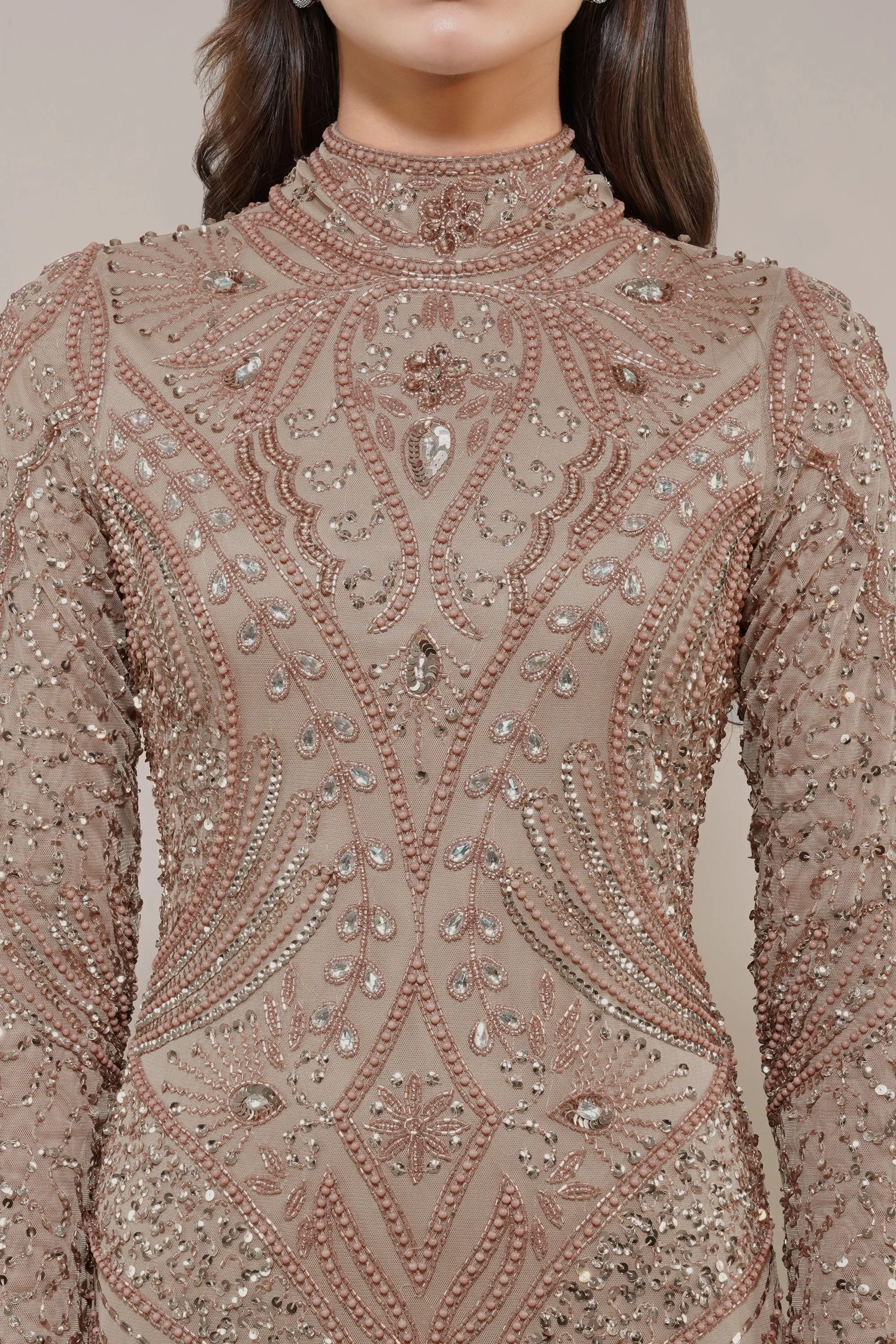 Lotus Embellished Maxi Dress in Taupe sold by Lace & Beads product image thumbnail 4