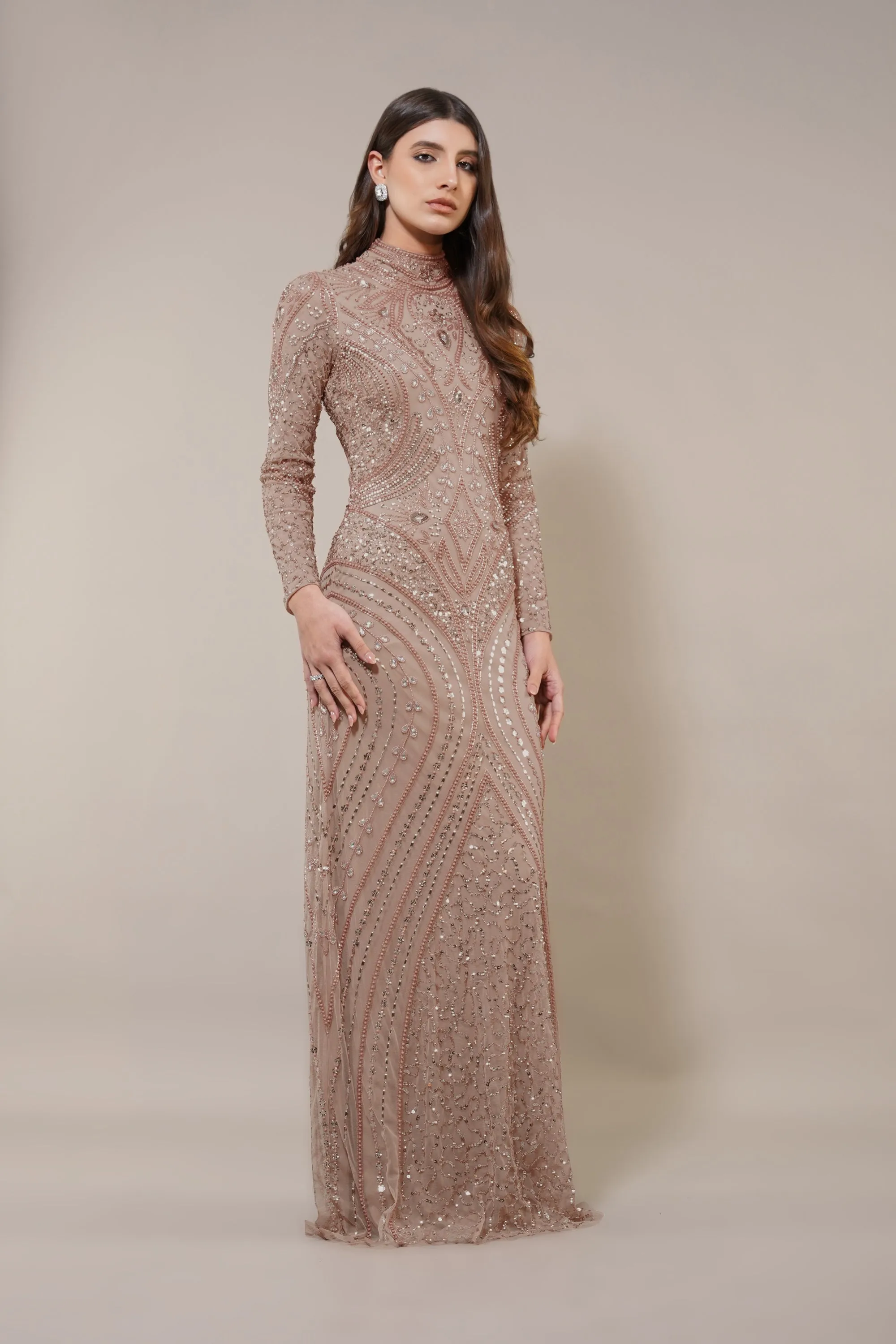 Lotus Embellished Maxi Dress in Taupe sold by Lace & Beads product image thumbnail 5