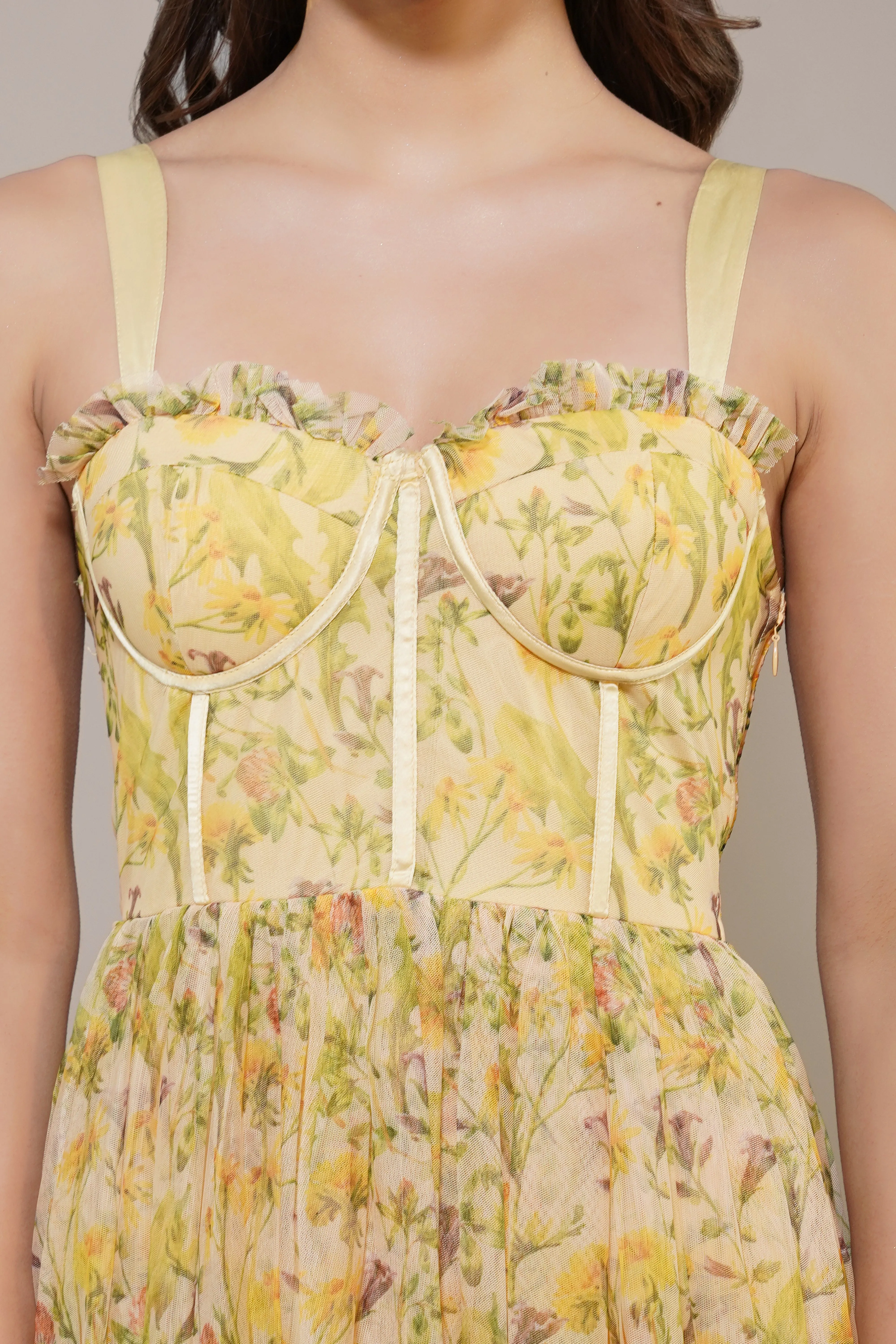 Dane Yellow Floral Corset Tulle Midi Dress sold by Lace & Beads product image thumbnail 4
