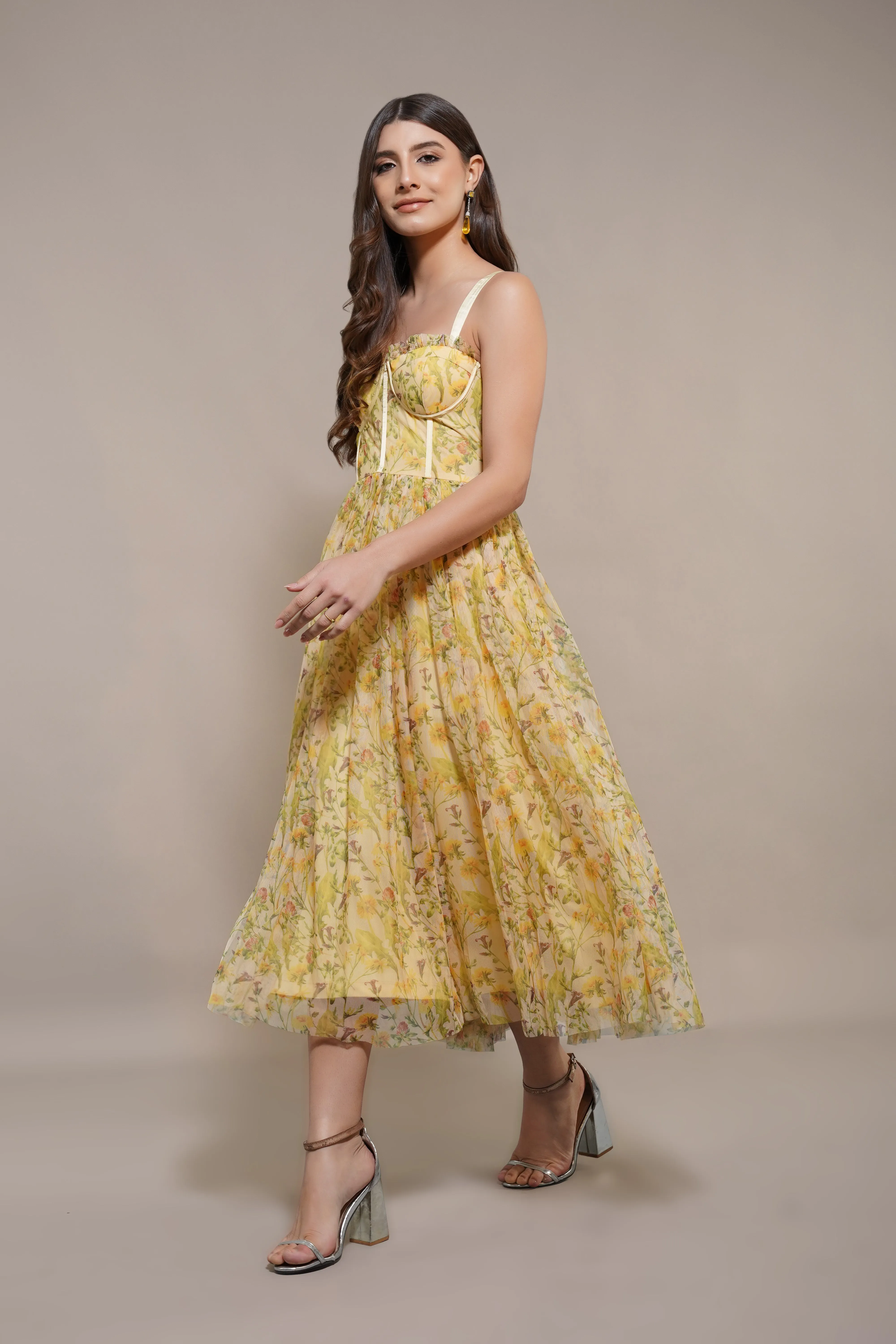 Dane Yellow Floral Corset Tulle Midi Dress sold by Lace & Beads product image thumbnail 5