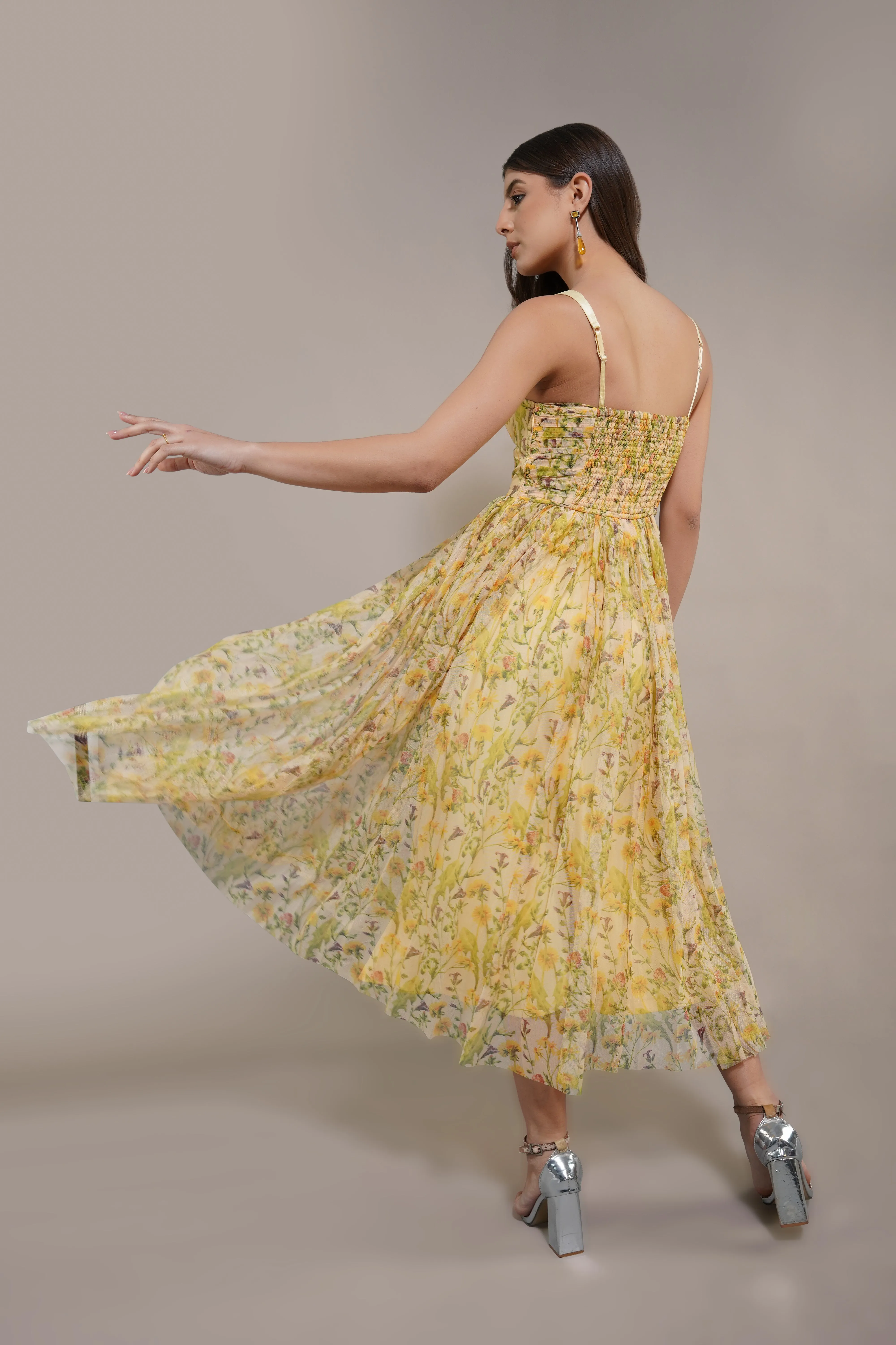Dane Yellow Floral Corset Tulle Midi Dress sold by Lace & Beads product image thumbnail 3