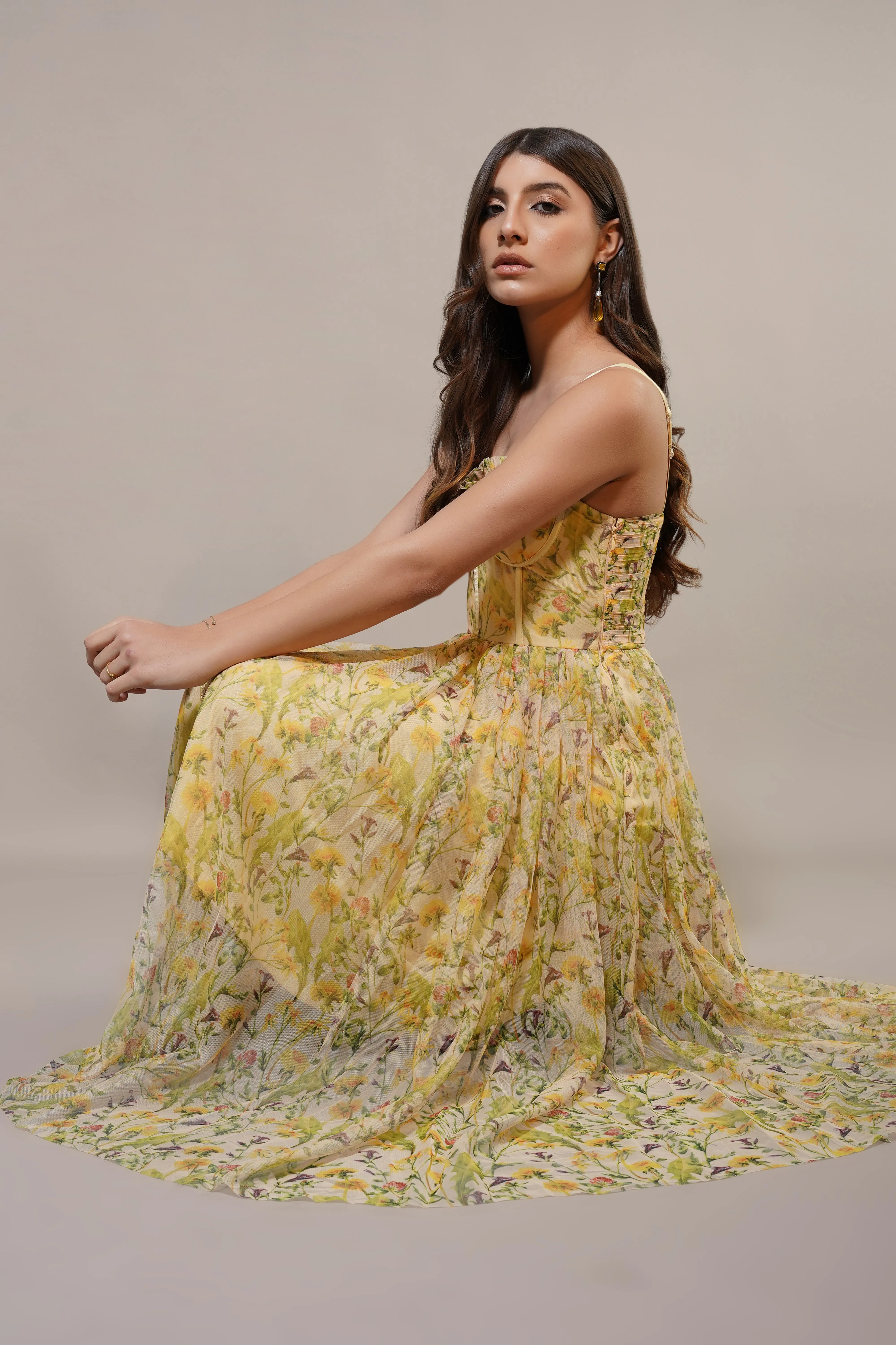 Dane Yellow Floral Corset Tulle Midi Dress sold by Lace & Beads