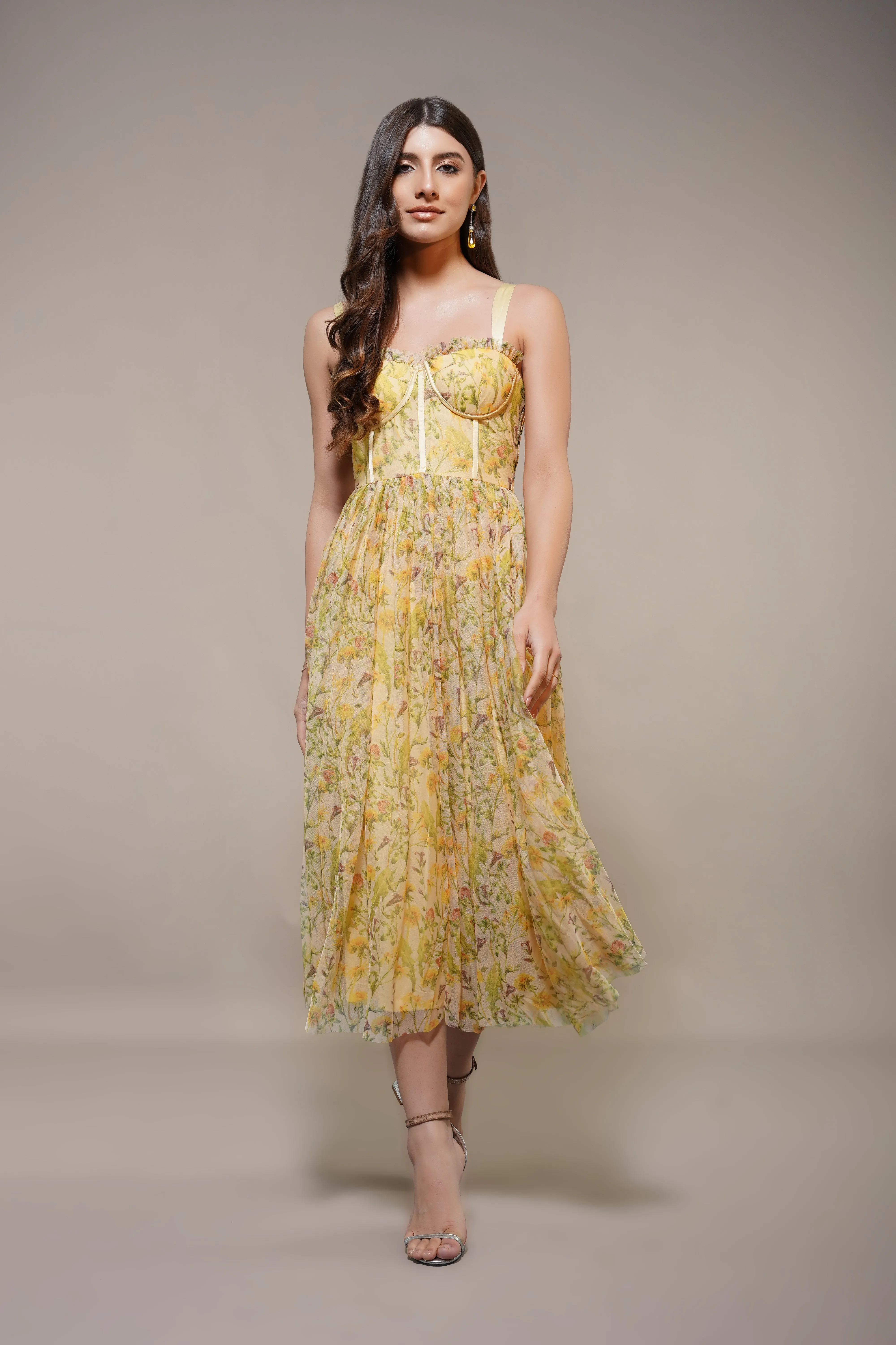 Dane Yellow Floral Corset Tulle Midi Dress sold by Lace & Beads product image thumbnail 2
