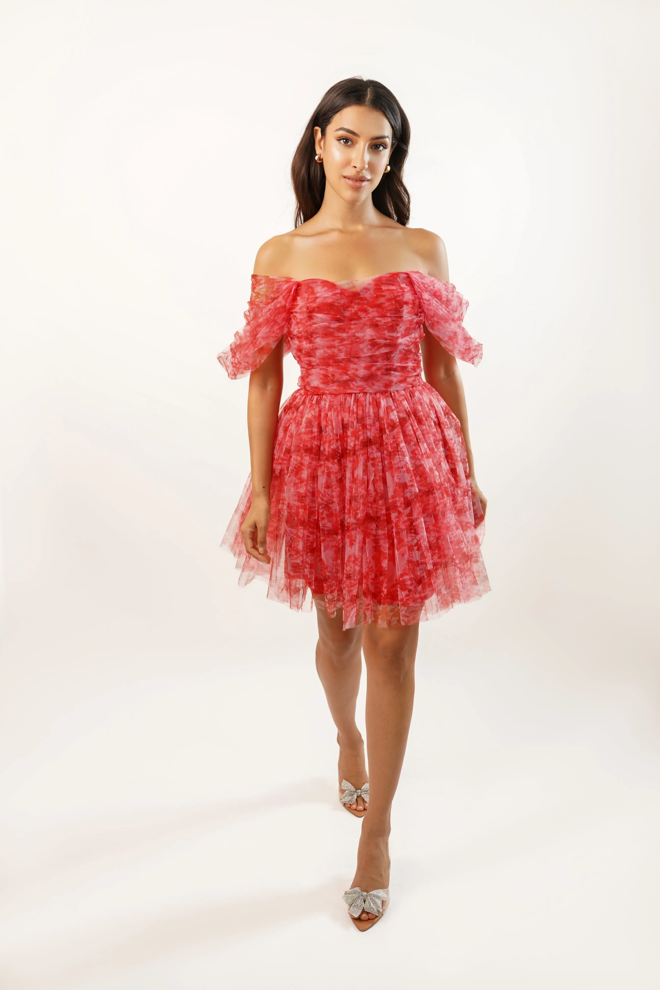 Sydney Red Printed Tulle Mini Dress sold by Lace & Beads product image thumbnail 3