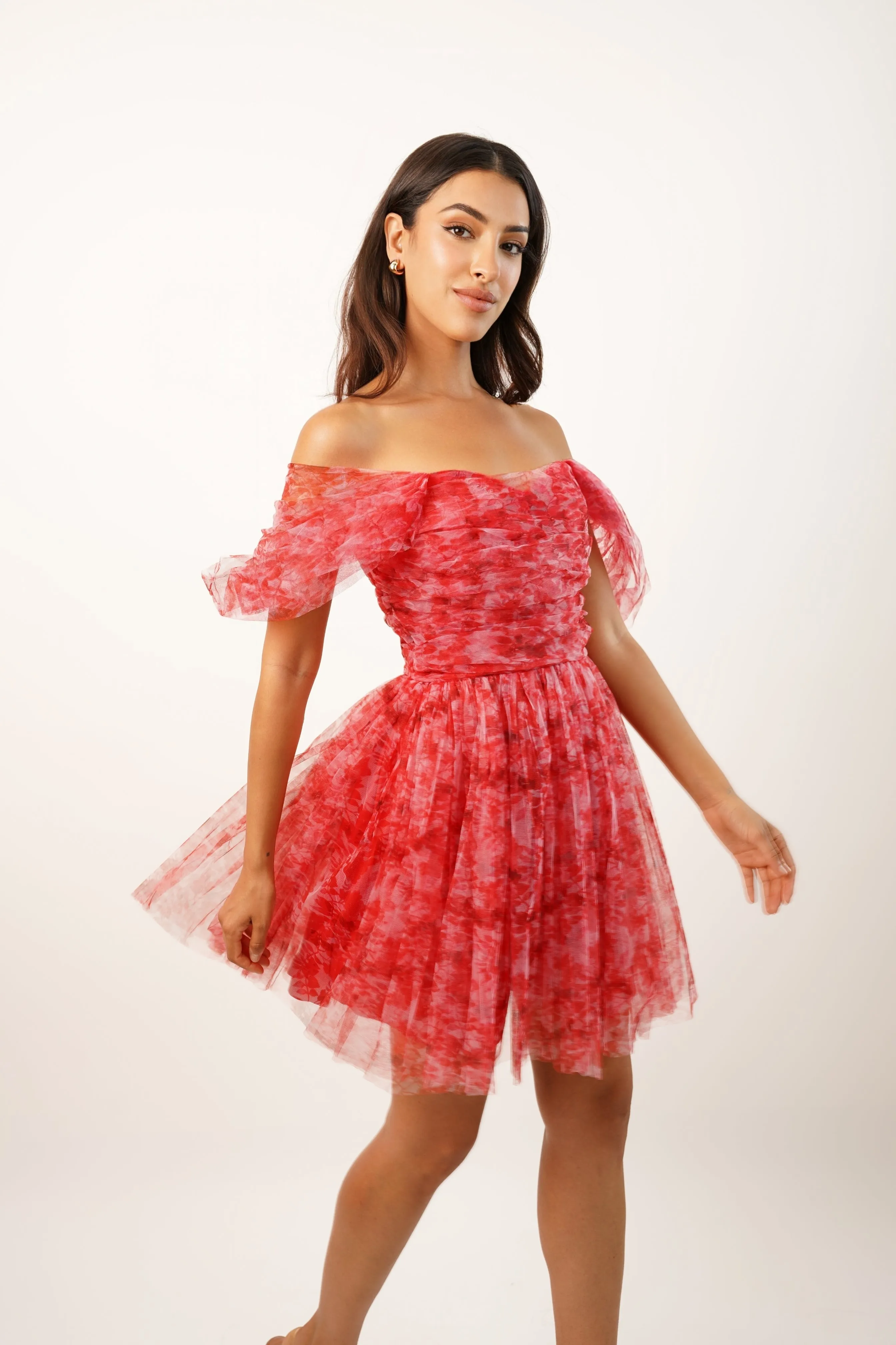 Sydney Red Printed Tulle Mini Dress sold by Lace & Beads product image thumbnail 5