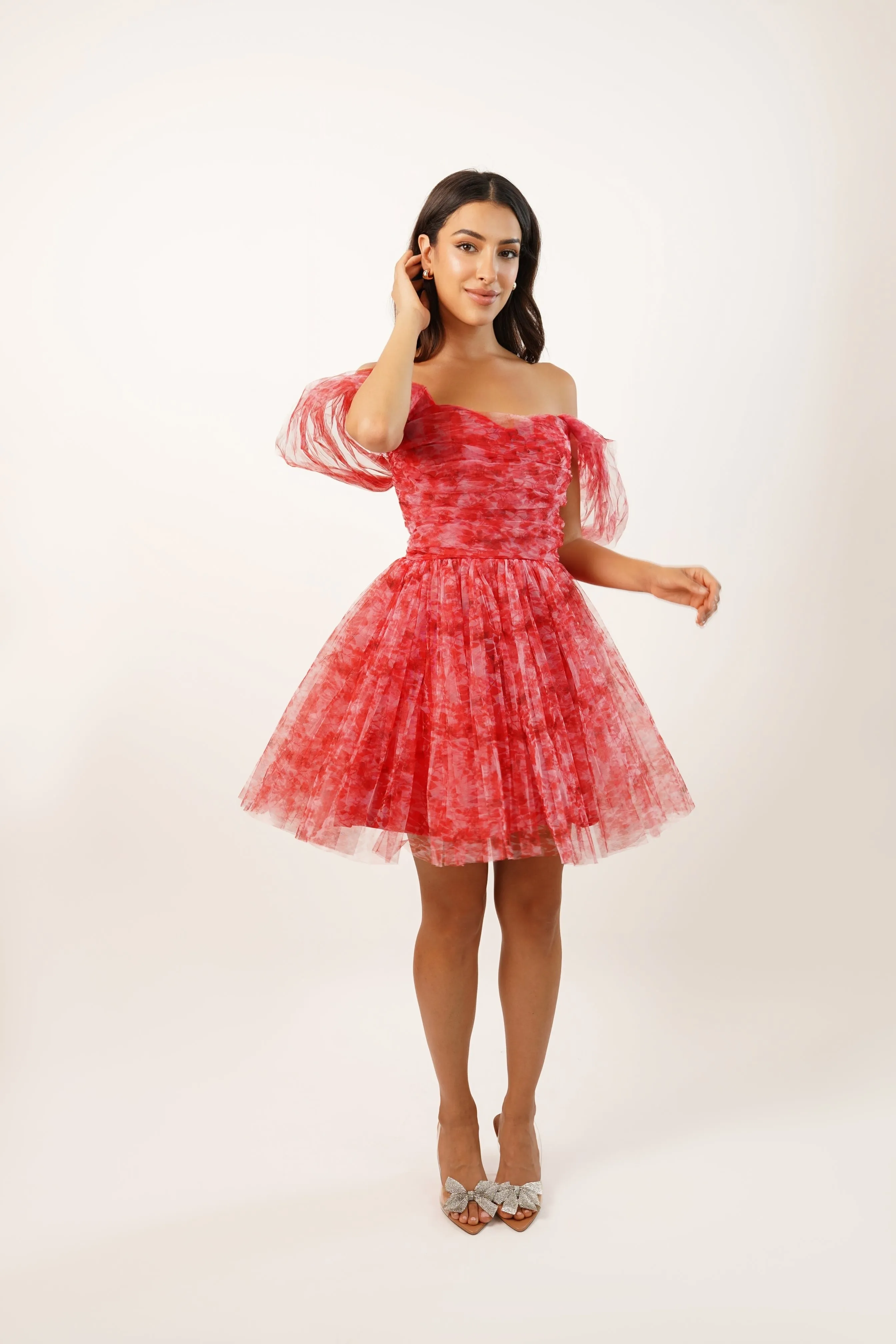 Sydney Red Printed Tulle Mini Dress sold by Lace & Beads product image thumbnail 4