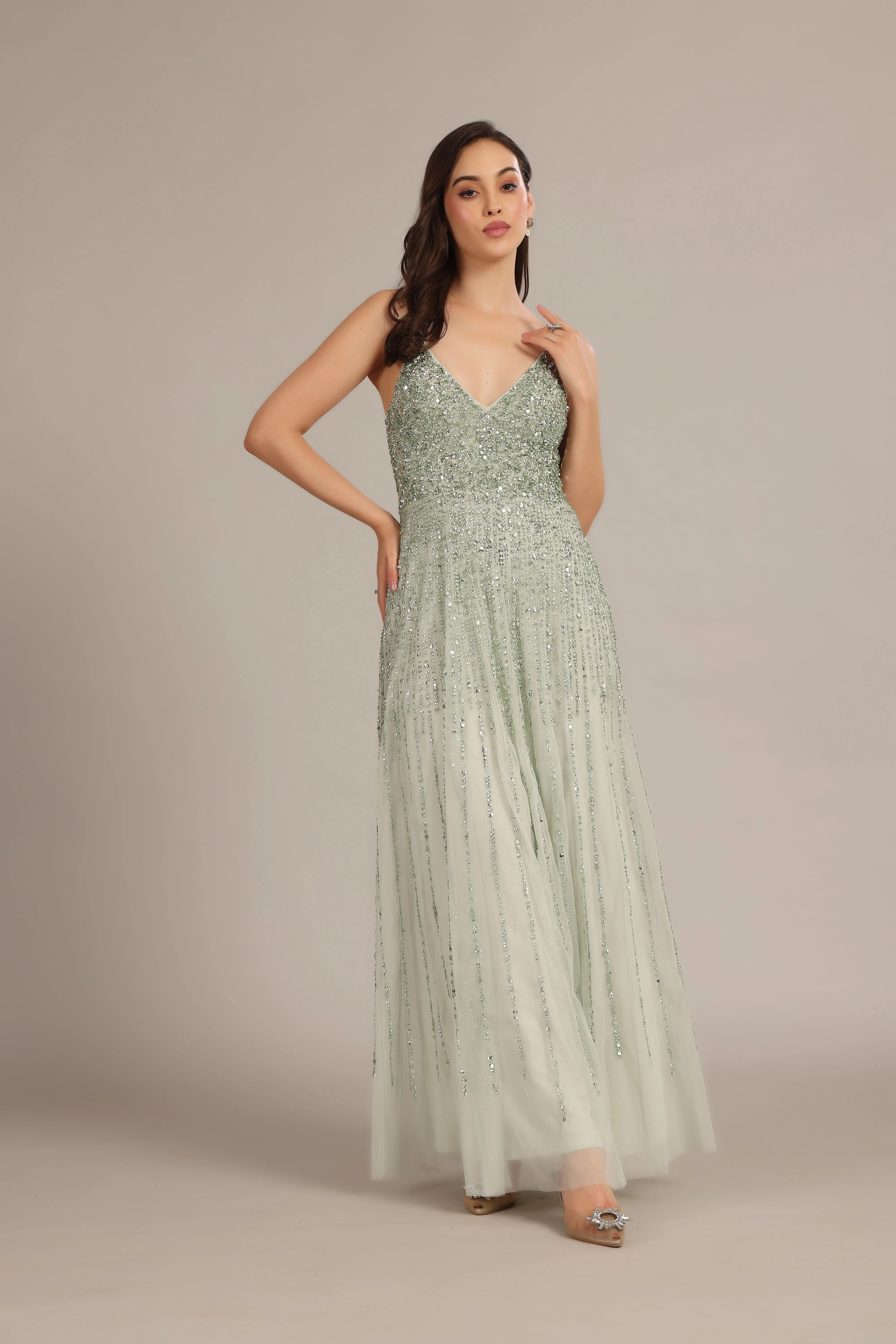 Legacy Embellished Maxi Dress in Sage Green sold by Lace & Beads