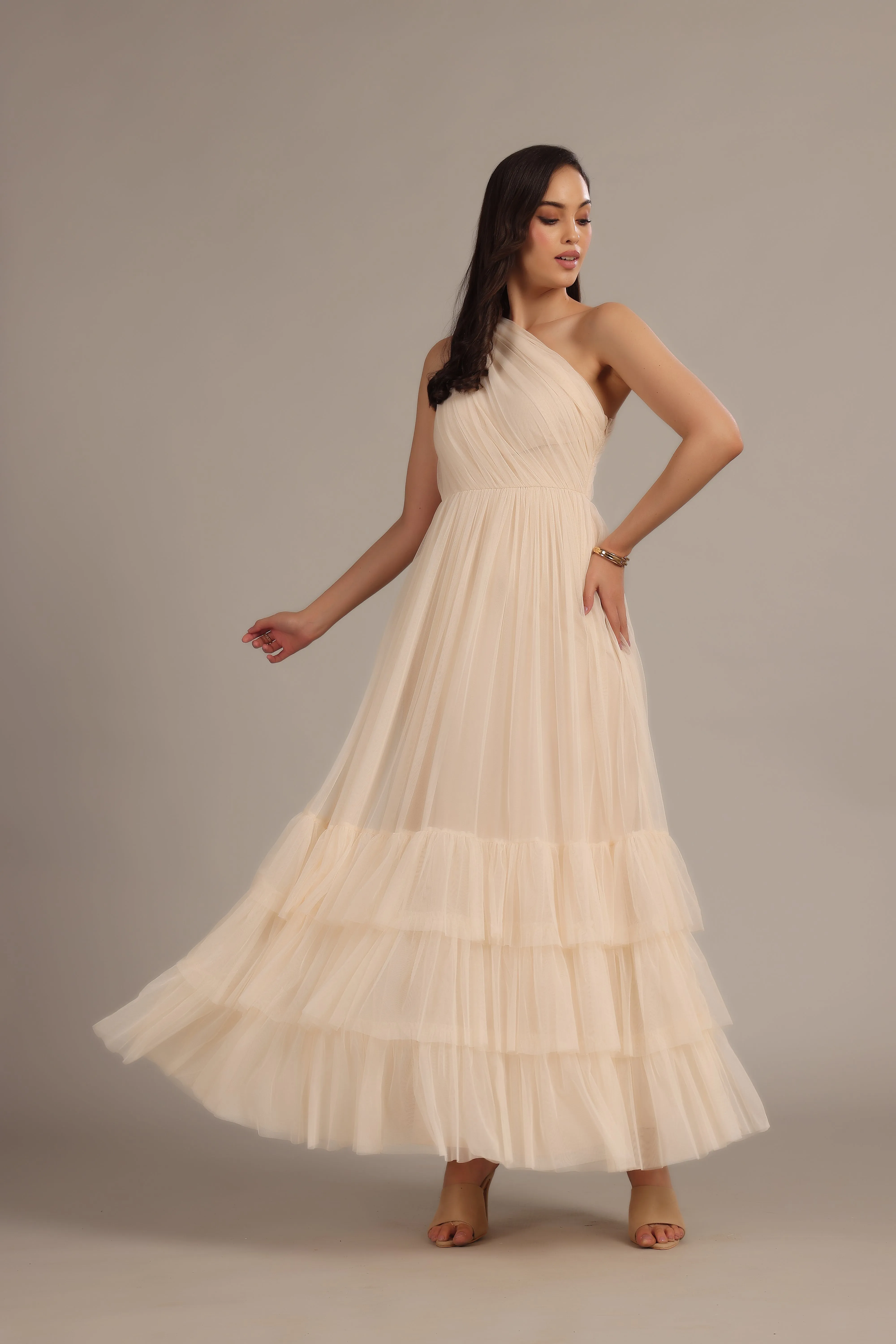 Nicolette One Shoulder Maxi Dress in Champagne sold by Lace & Beads product image thumbnail 3