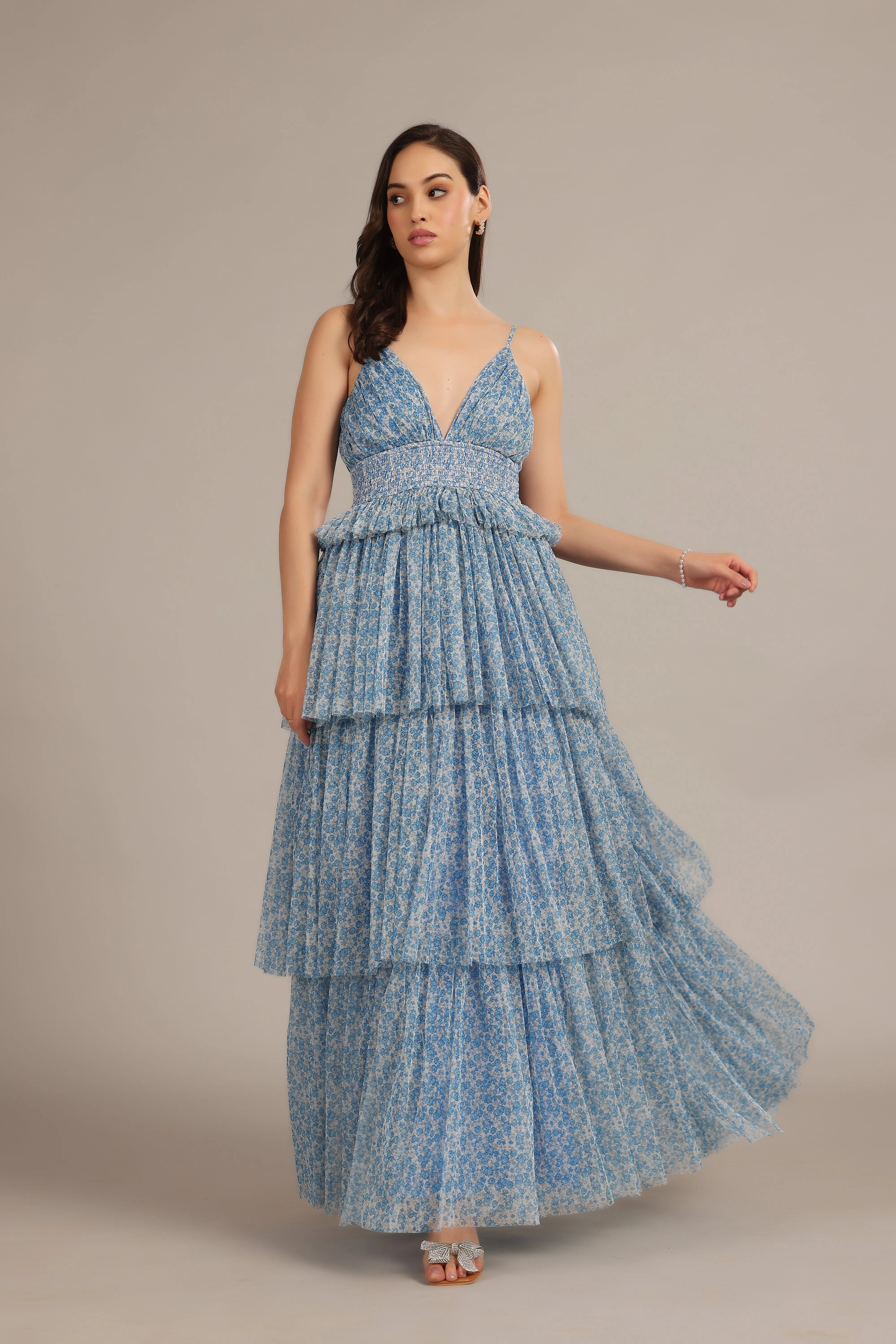 Rani Maxi Dress in Ditsy Blue Floral sold by Lace & Beads