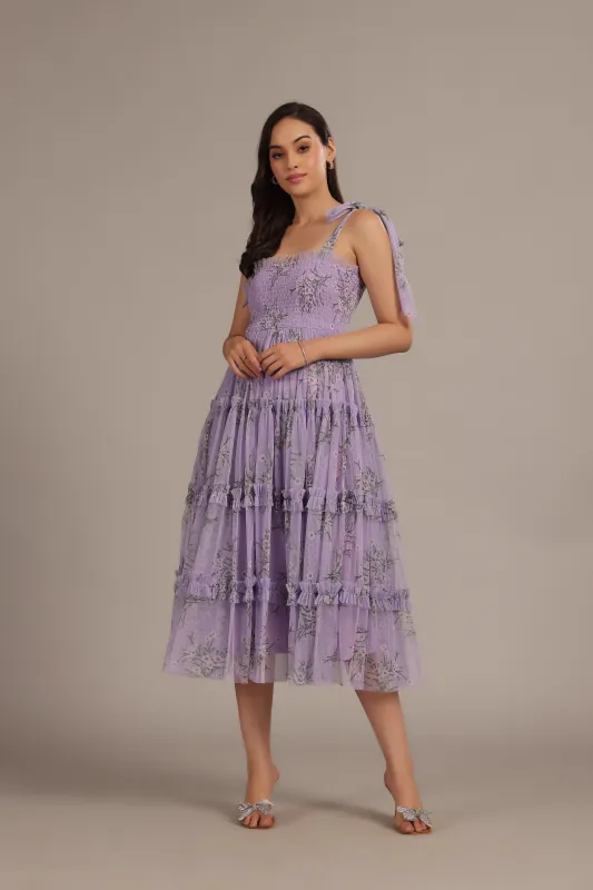 Louise Midi Dress in Lilac Floral sold by Lace & Beads