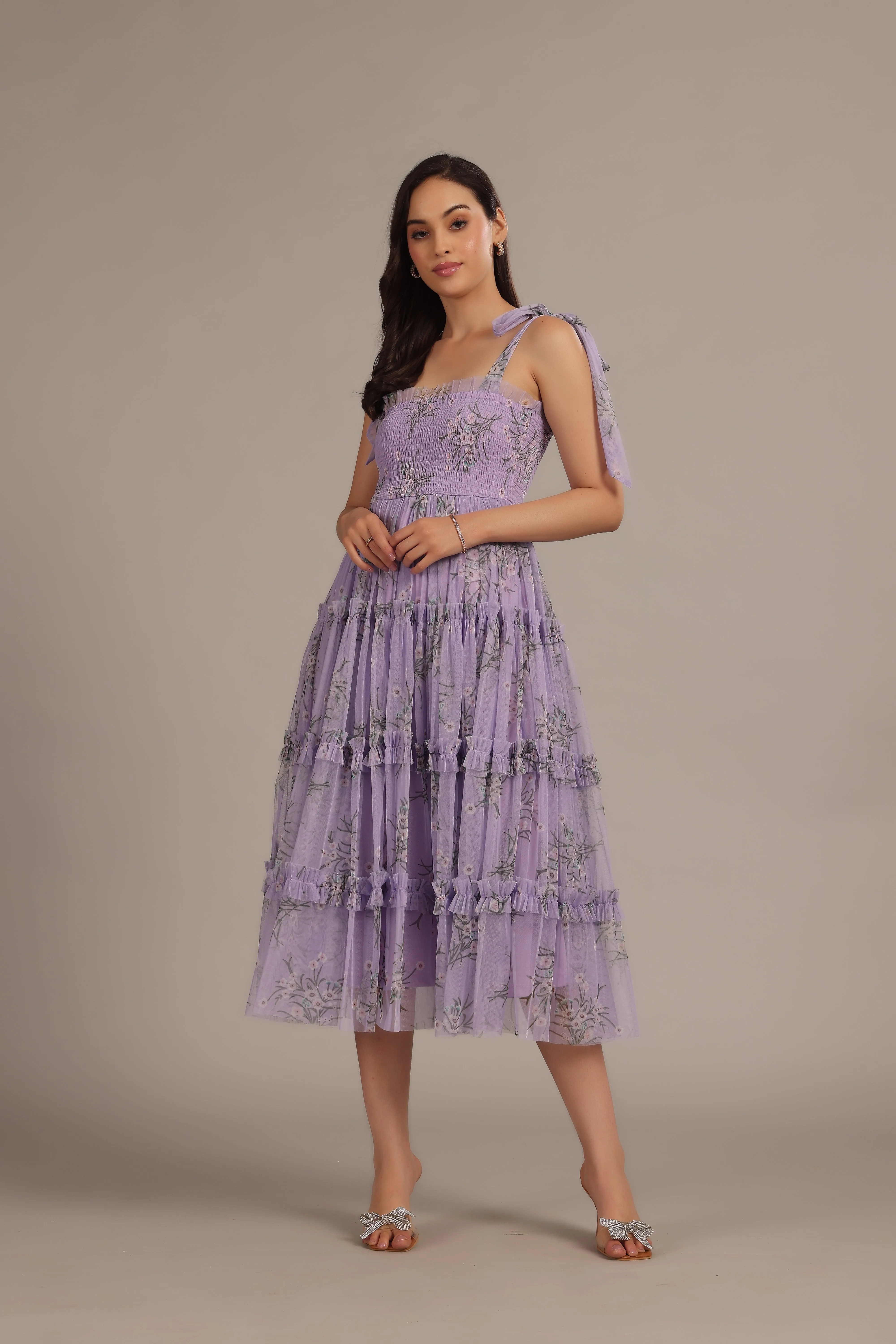 Louise Midi Dress in Lilac Floral sold by Lace & Beads