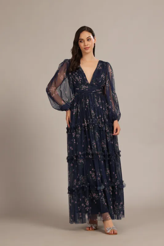 Lydia Maxi Dress in Navy Floral sold by Lace & Beads