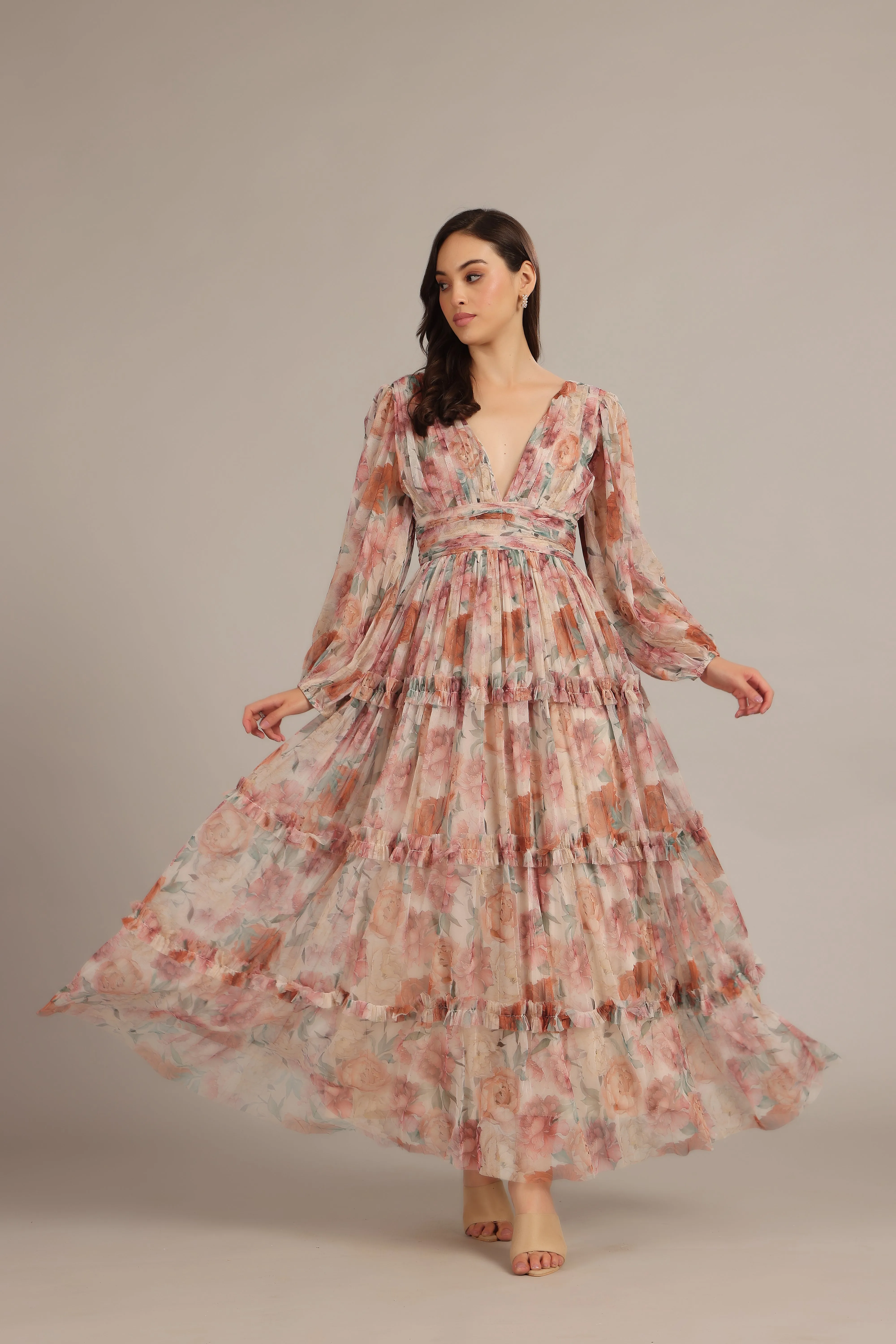 Lydia Maxi Dress in Light Brown Floral sold by Lace & Beads