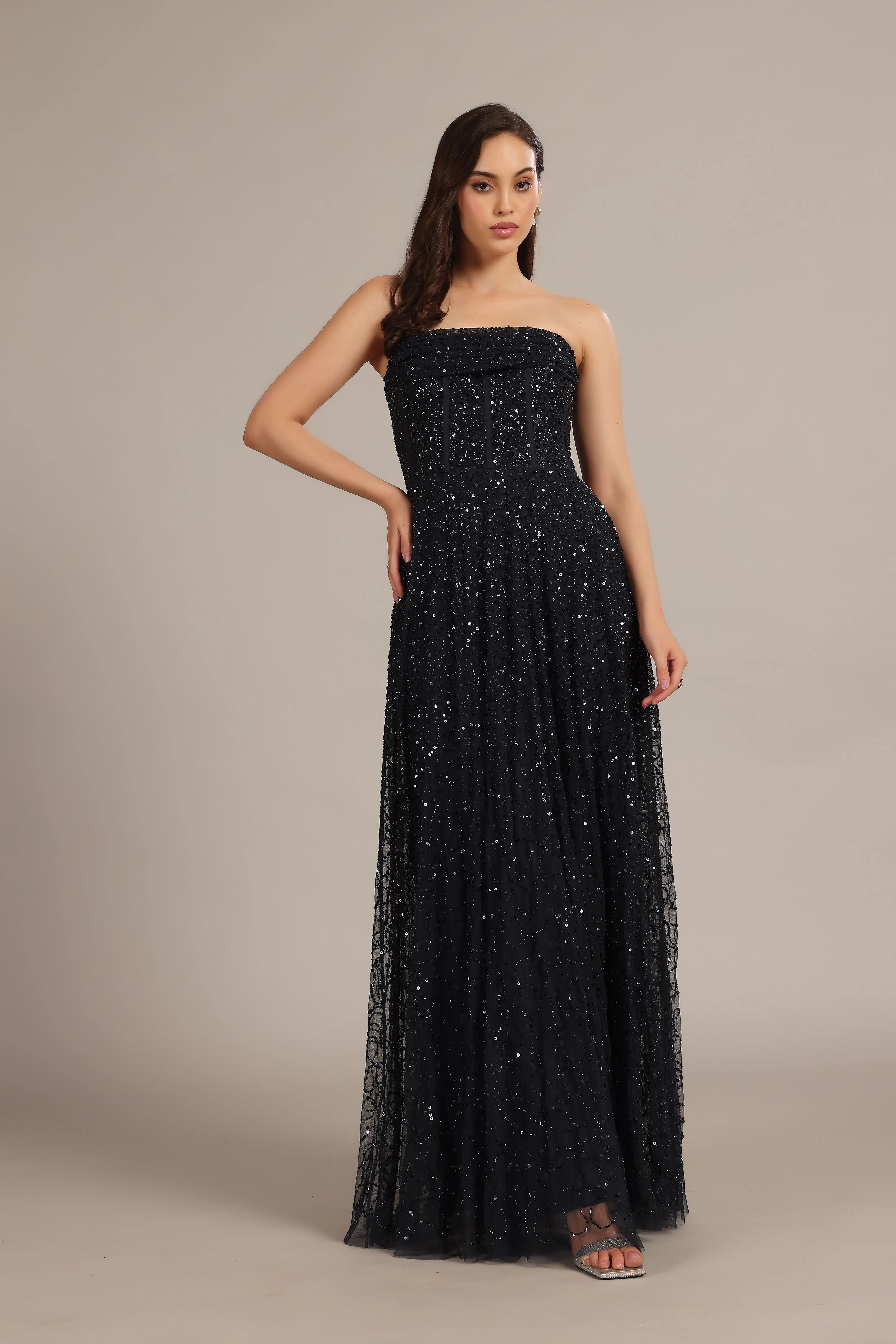 Leona Embellished Maxi Dress in Navy Blue sold by Lace & Beads product image thumbnail 3