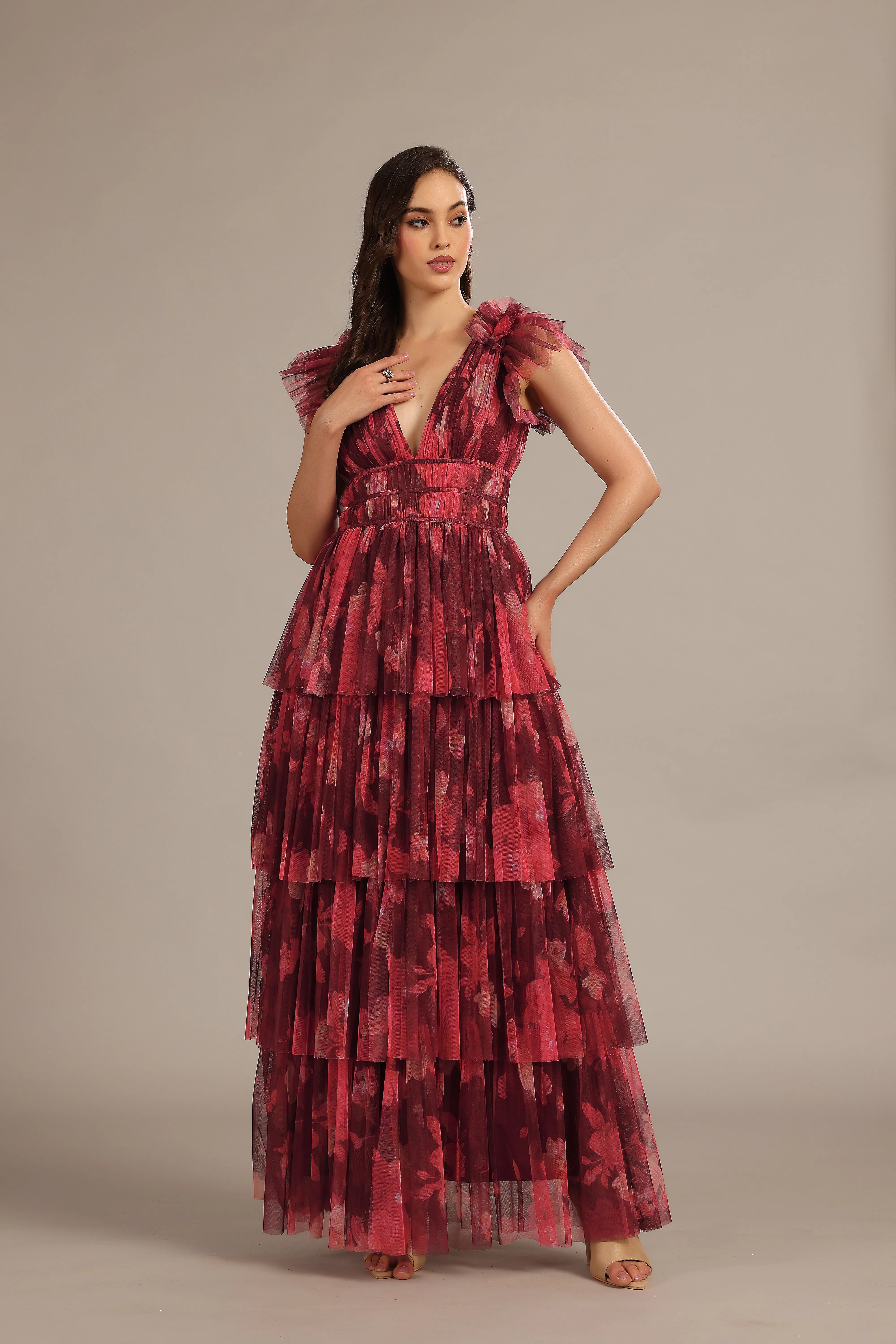 Naomi Maxi Dress in Deep Red Floral sold by Lace & Beads product image thumbnail 2