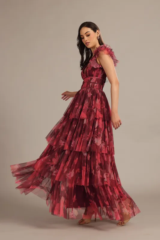 Naomi Maxi Dress in Deep Red Floral sold by Lace & Beads