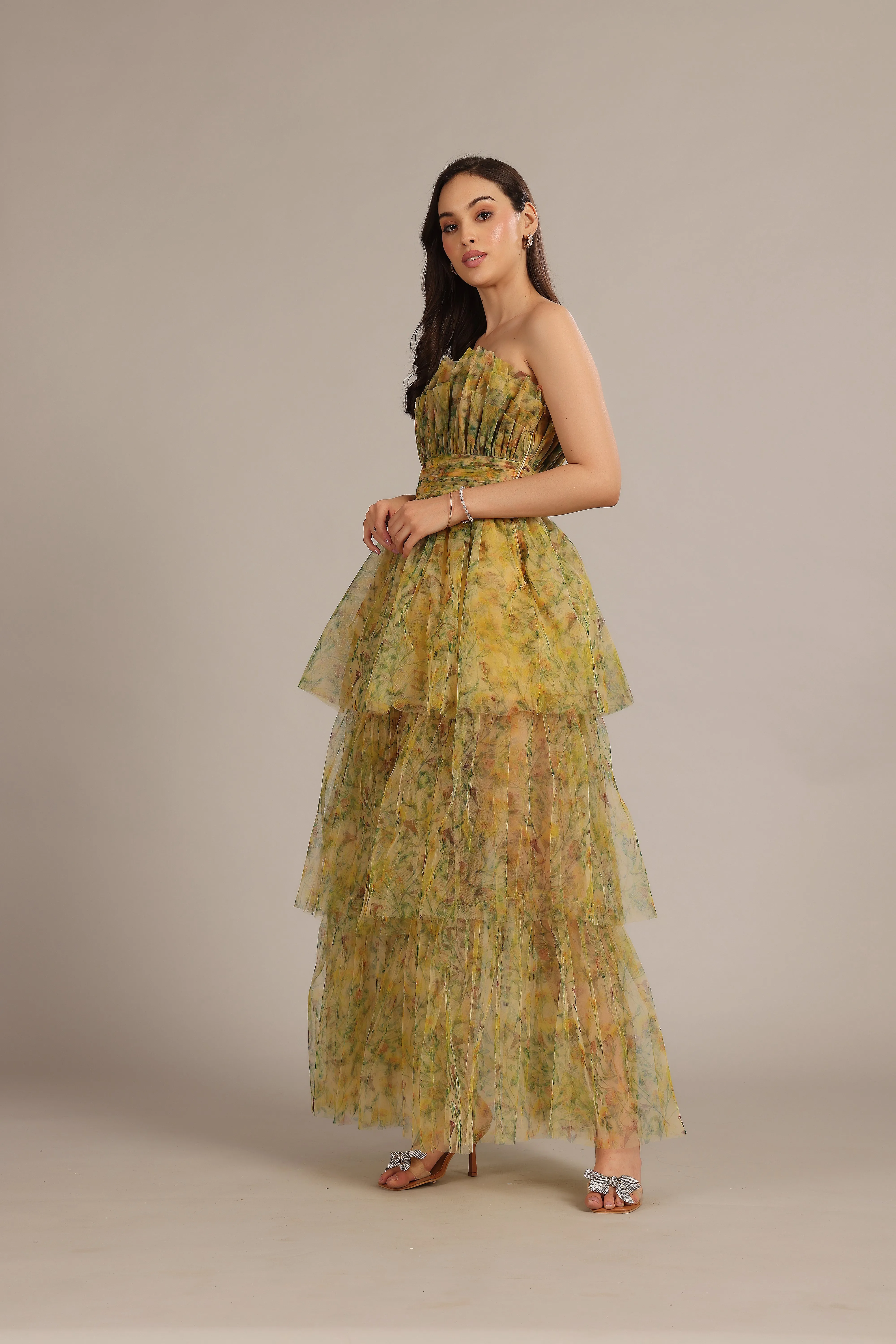 Natalia Tulle Maxi Dress in Yellow Floral sold by Lace & Beads product image thumbnail 2