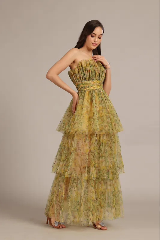 Natalia Tulle Maxi Dress in Yellow Floral sold by Lace & Beads
