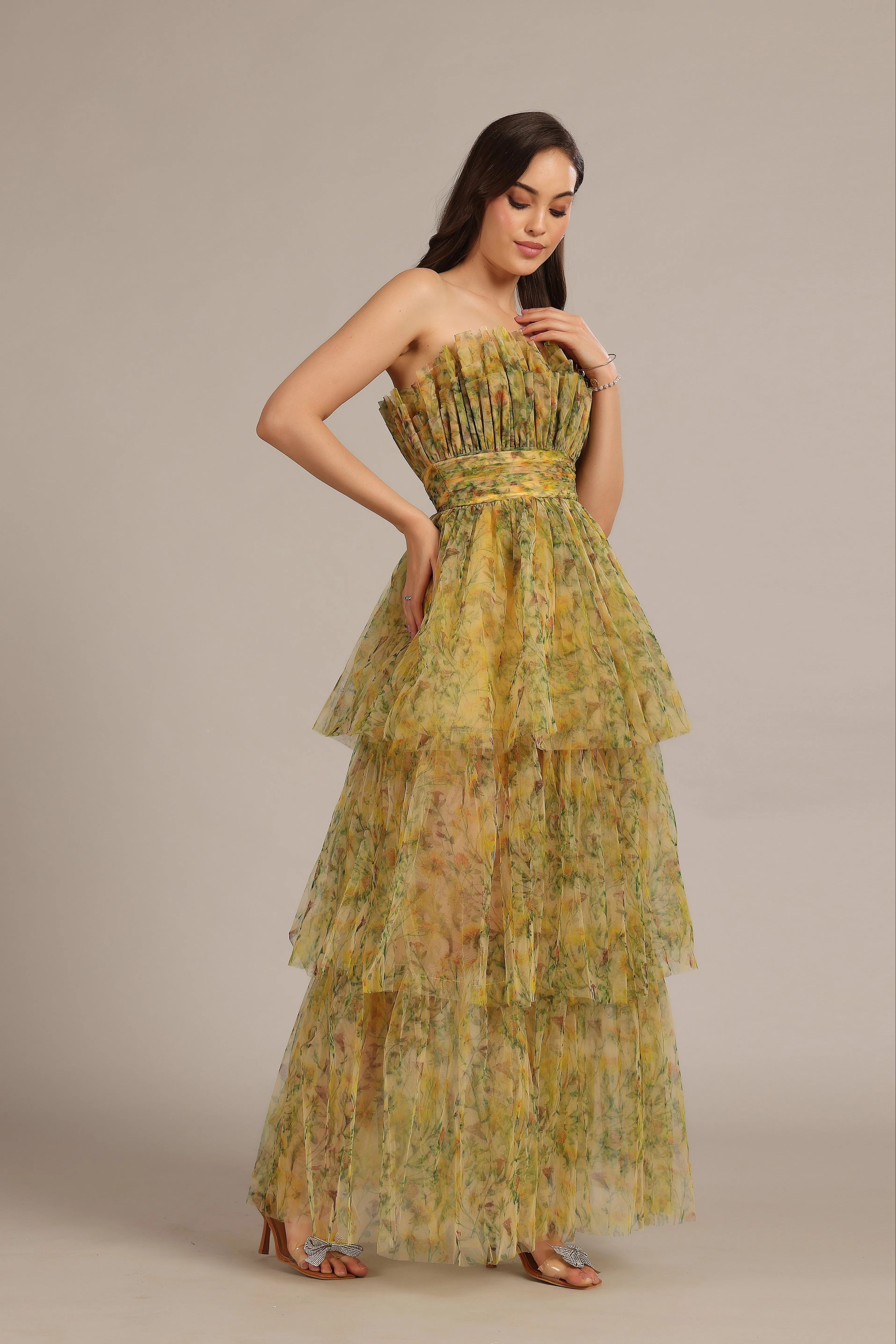 Natalia Tulle Maxi Dress in Yellow Floral sold by Lace & Beads