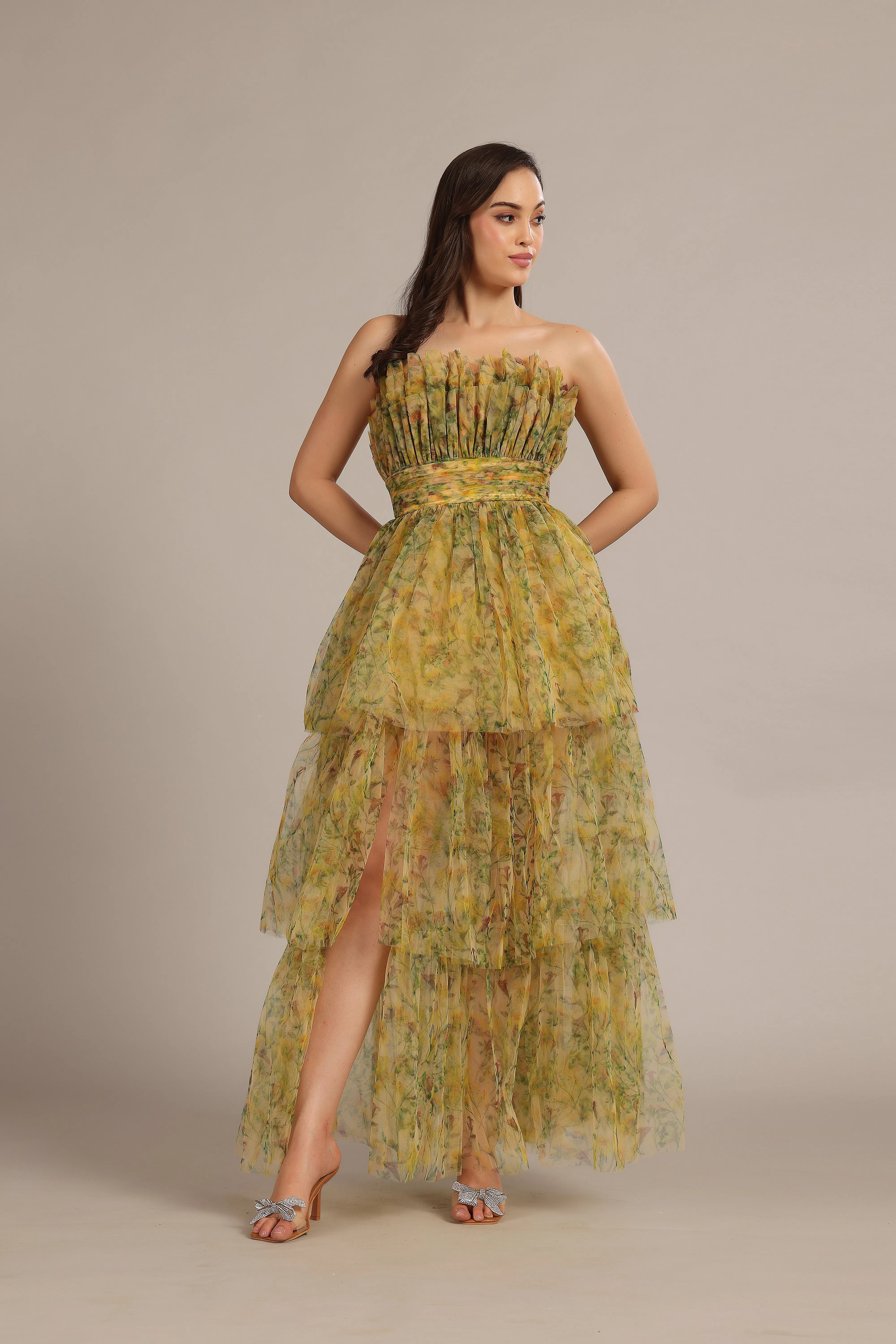 Natalia Tulle Maxi Dress in Yellow Floral sold by Lace & Beads product image thumbnail 5