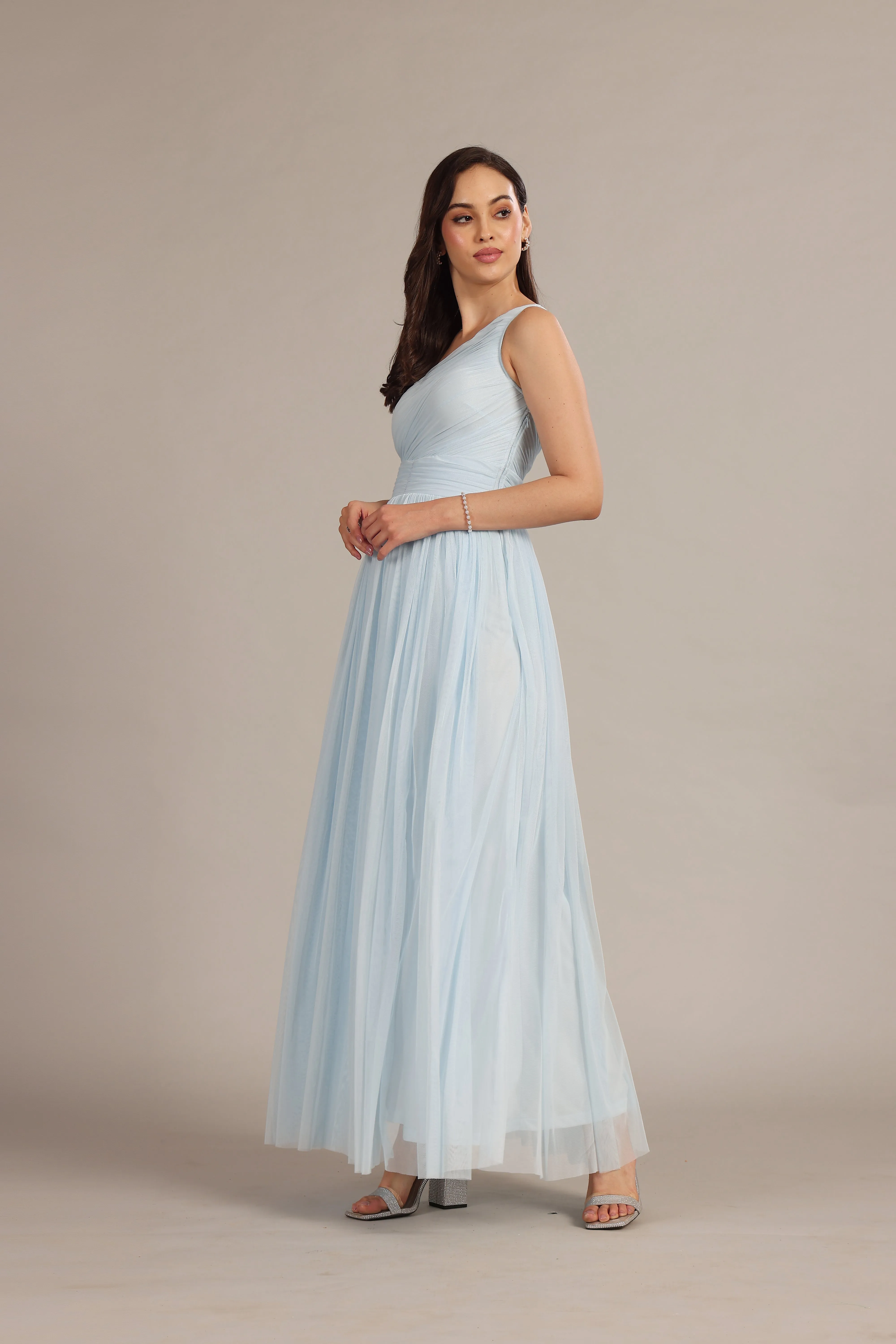 One Shoulder Tulle Maxi Dress in Powder Blue sold by Lace & Beads product image thumbnail 4