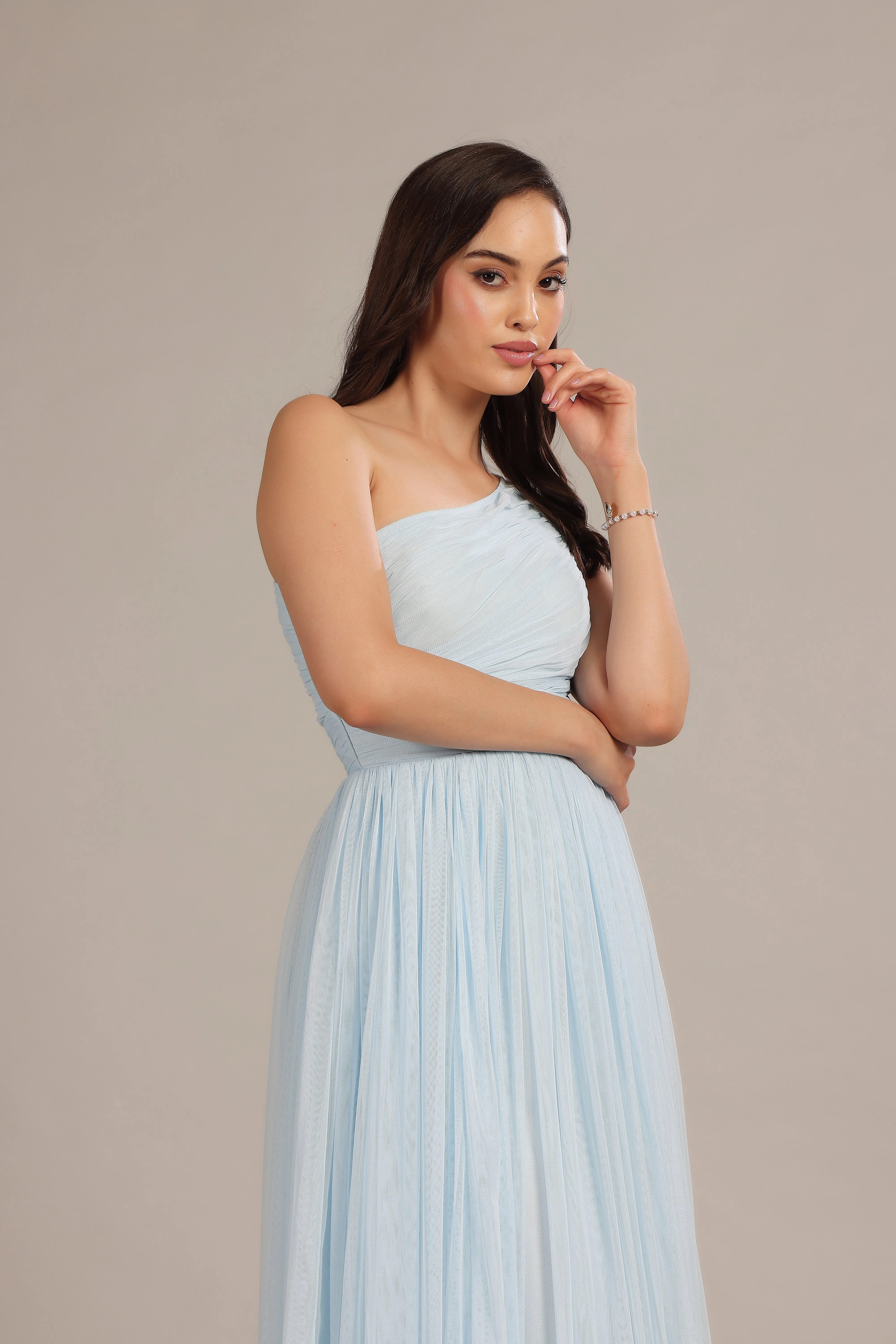One Shoulder Tulle Maxi Dress in Powder Blue sold by Lace & Beads product image thumbnail 2