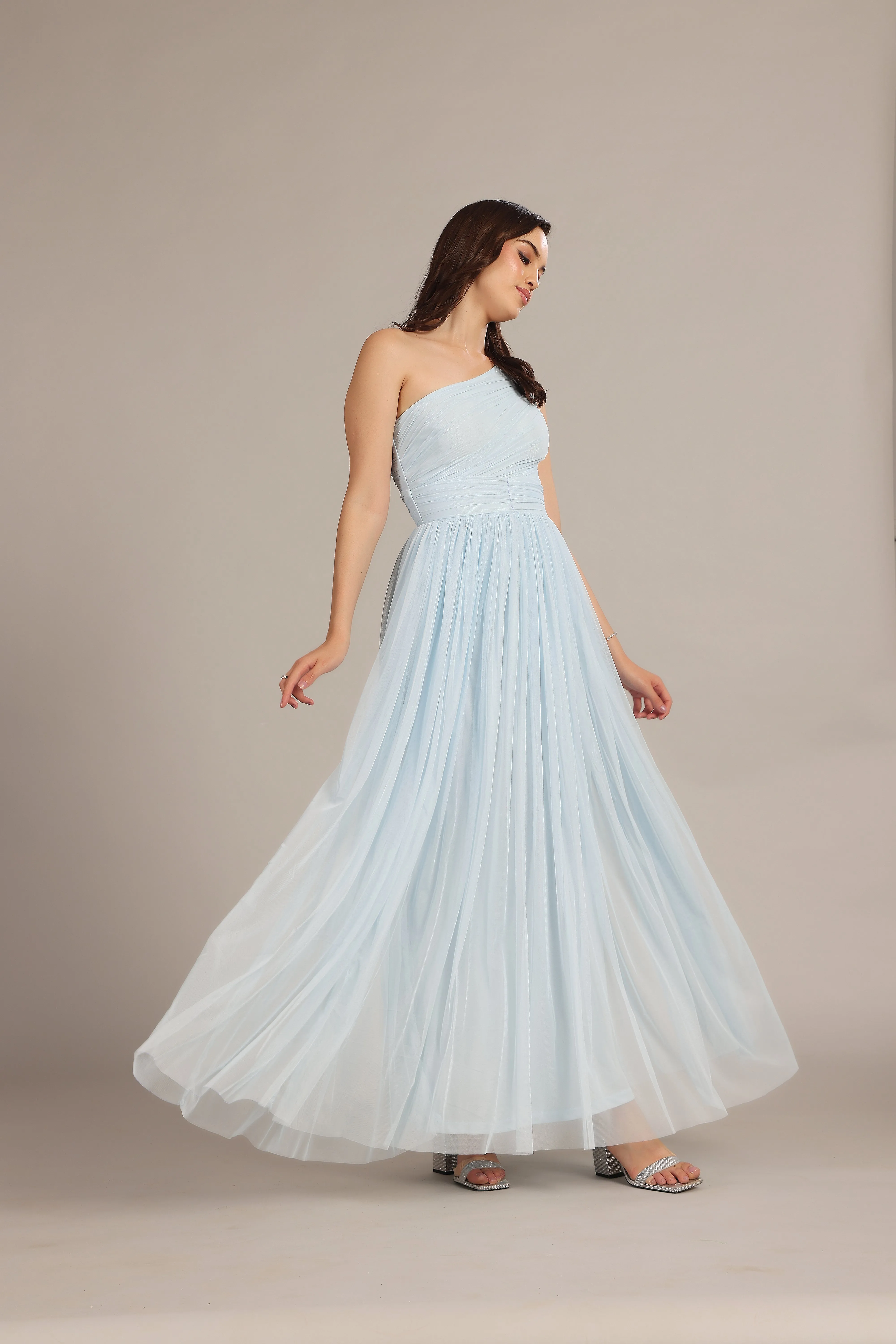 One Shoulder Tulle Maxi Dress in Powder Blue sold by Lace & Beads product image thumbnail 3