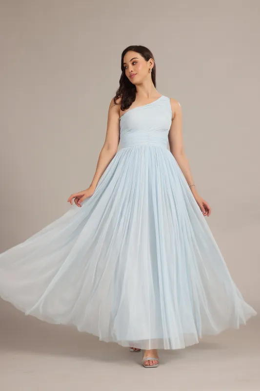 One Shoulder Maxi Dress in Powder Blue sold by Lace & Beads