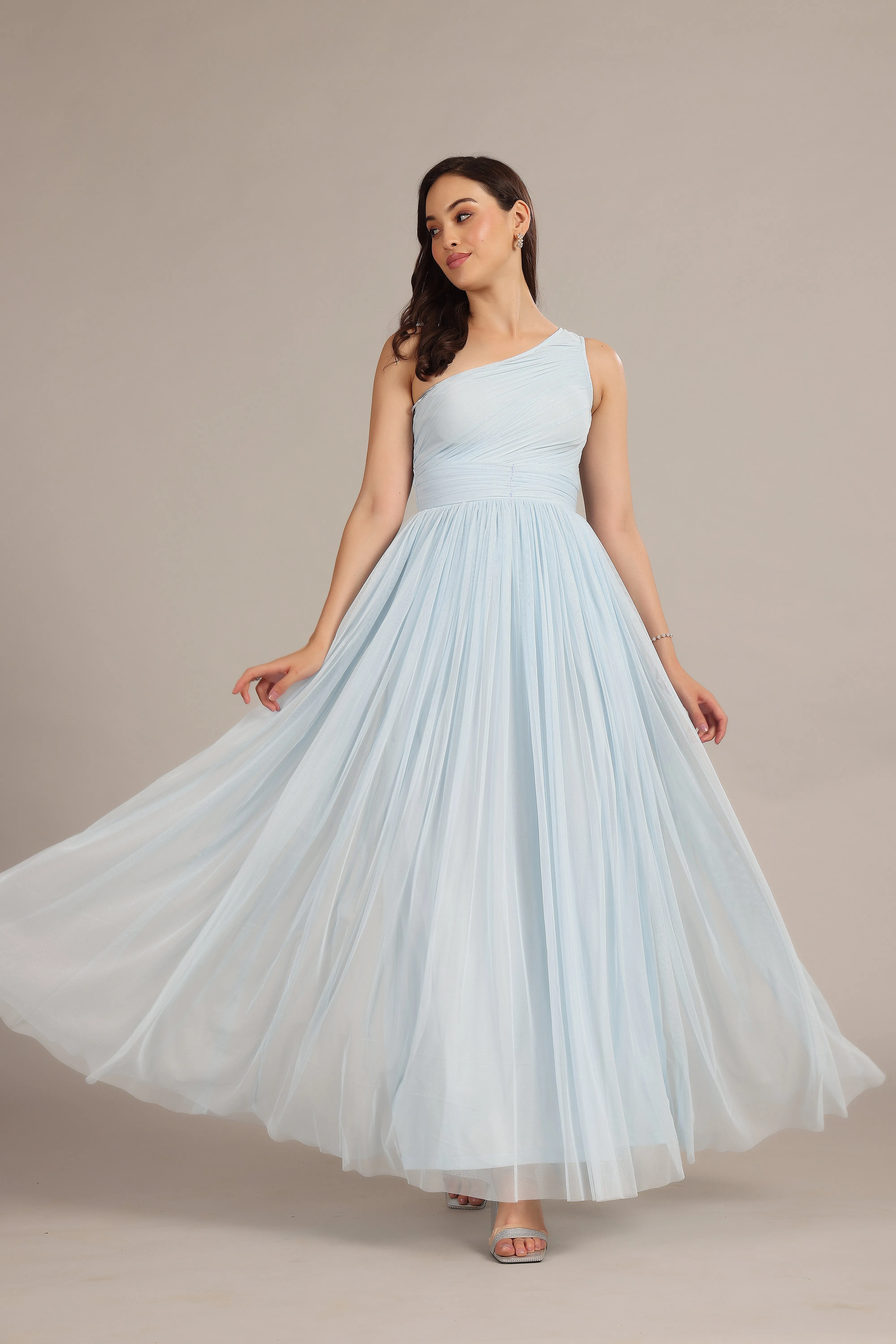 One Shoulder Tulle Maxi Dress in Powder Blue sold by Lace & Beads