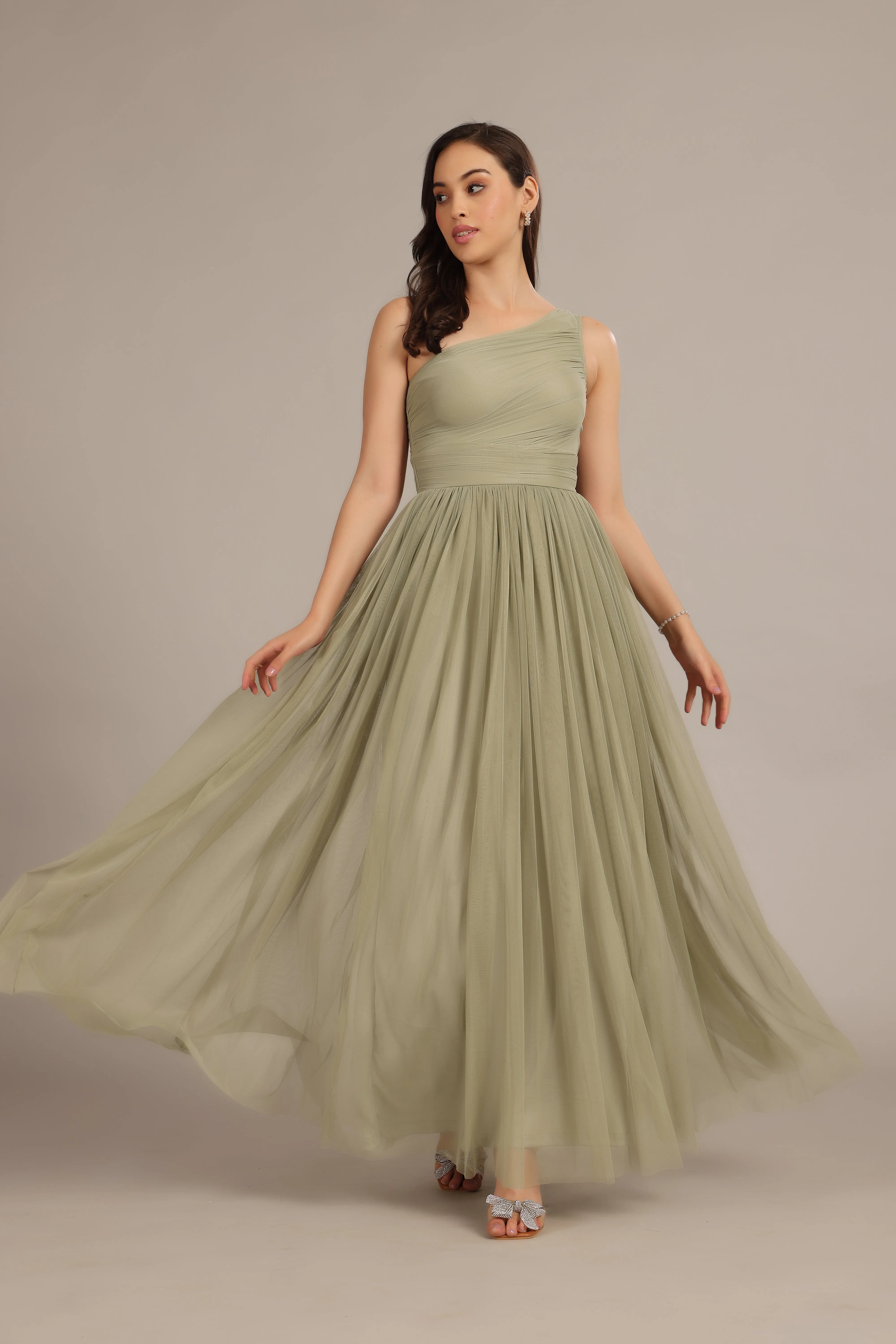 One Shoulder Tulle Maxi Dress in Dusty Sage sold by Lace & Beads