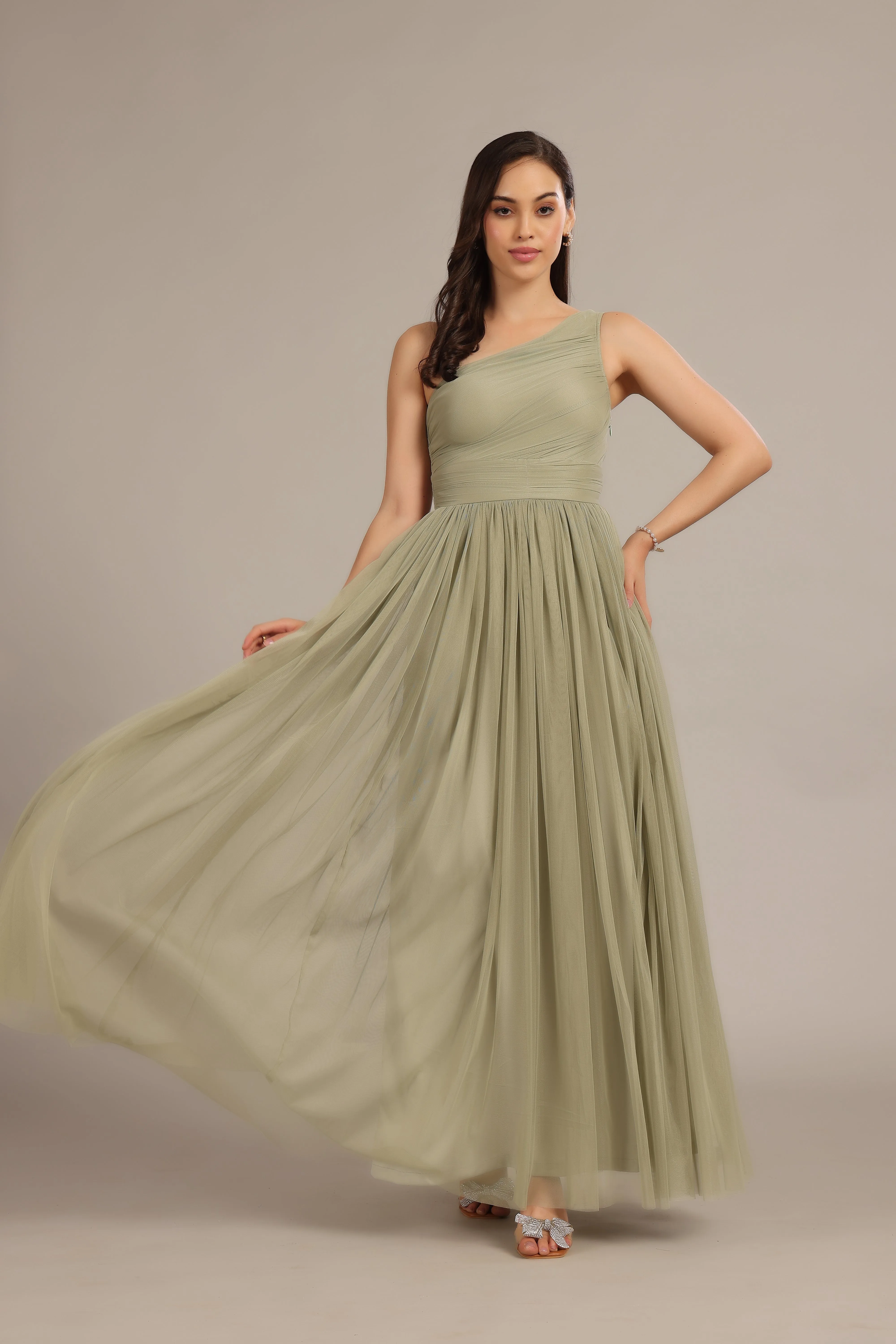 One Shoulder Tulle Maxi Dress in Dusty Sage sold by Lace & Beads product image thumbnail 2
