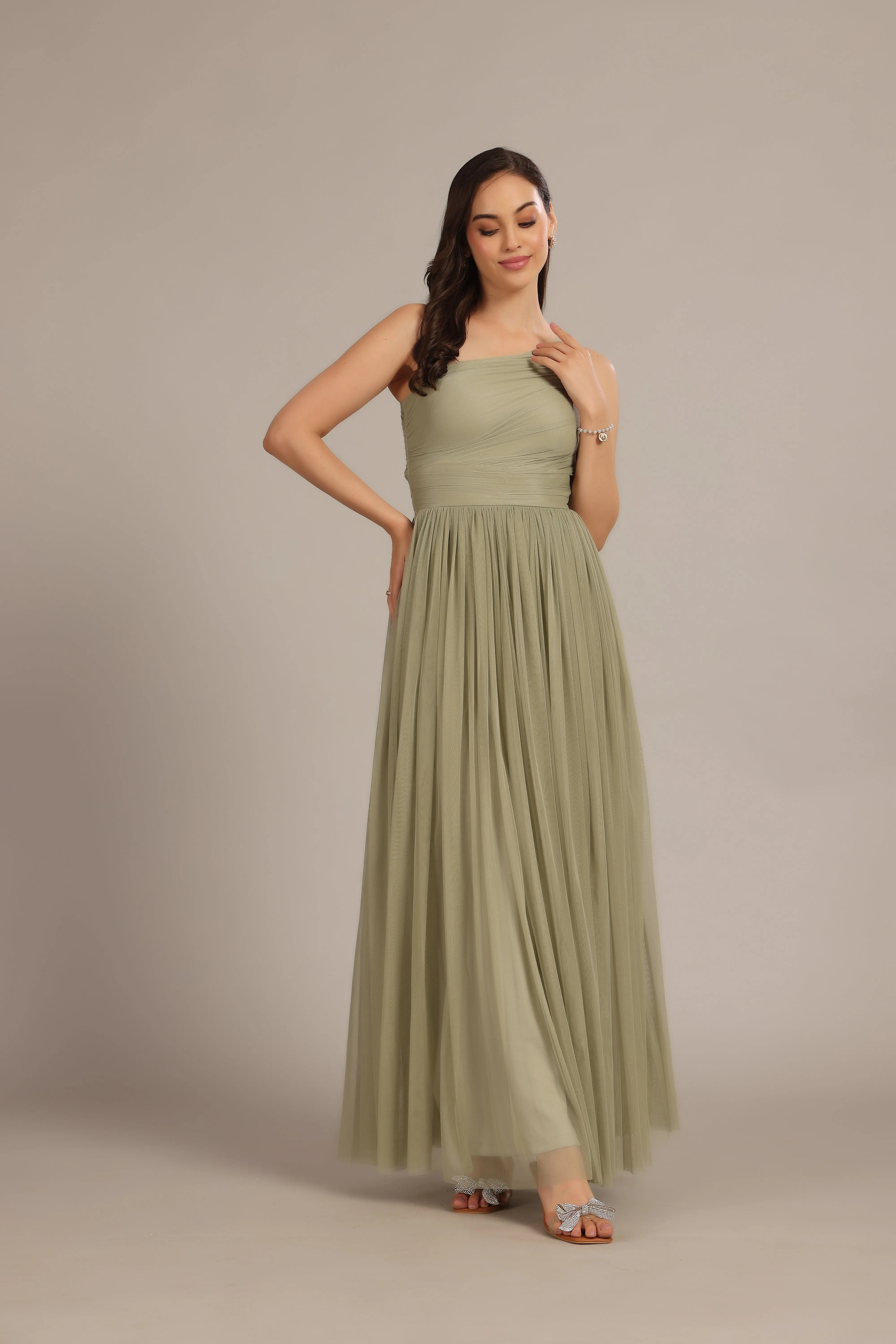 One Shoulder Tulle Maxi Dress in Dusty Sage sold by Lace & Beads product image thumbnail 3